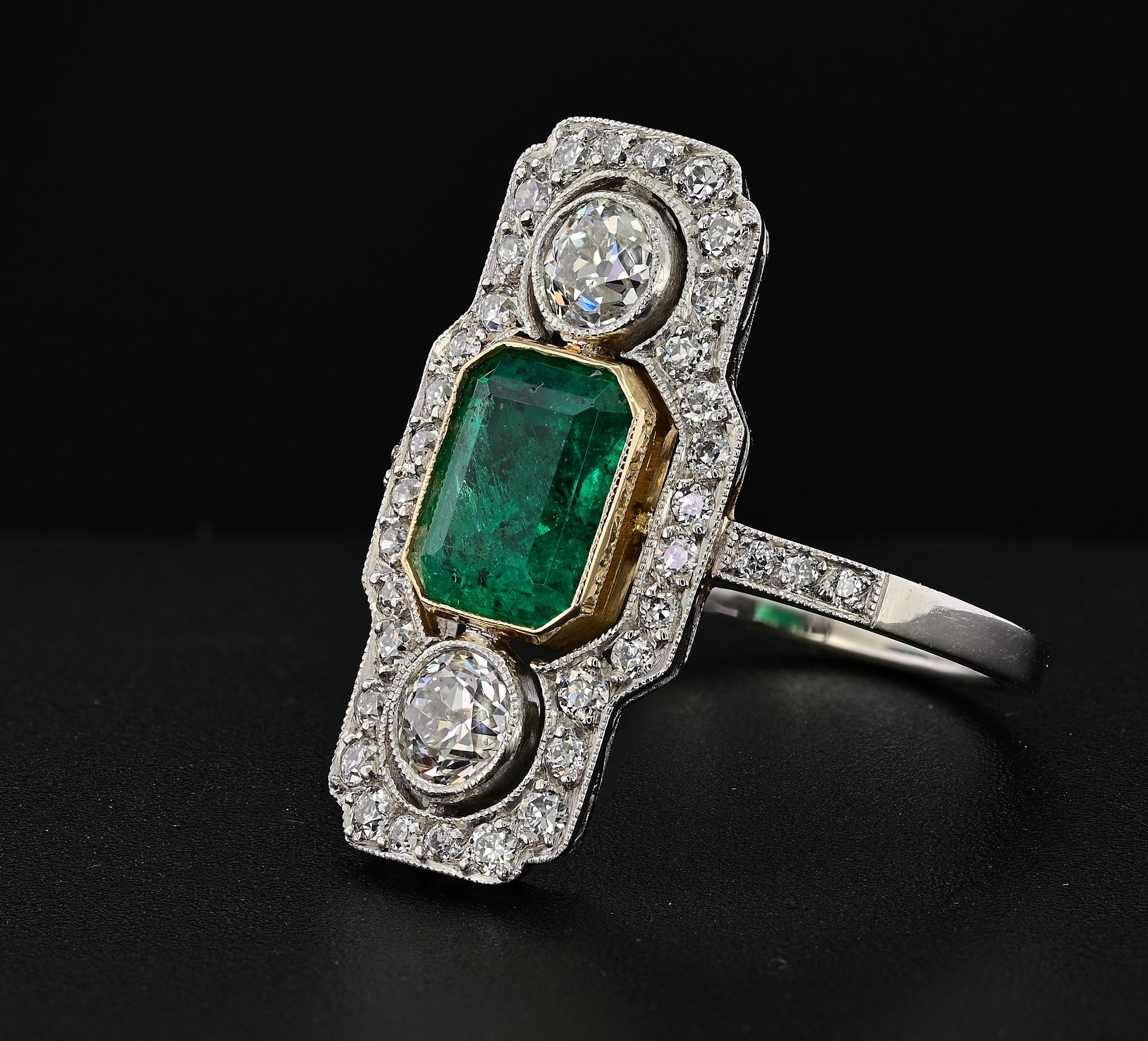 Art Deco Ct 1.32 Colombian Emerald Diamond Platinum Ring For Sale 1