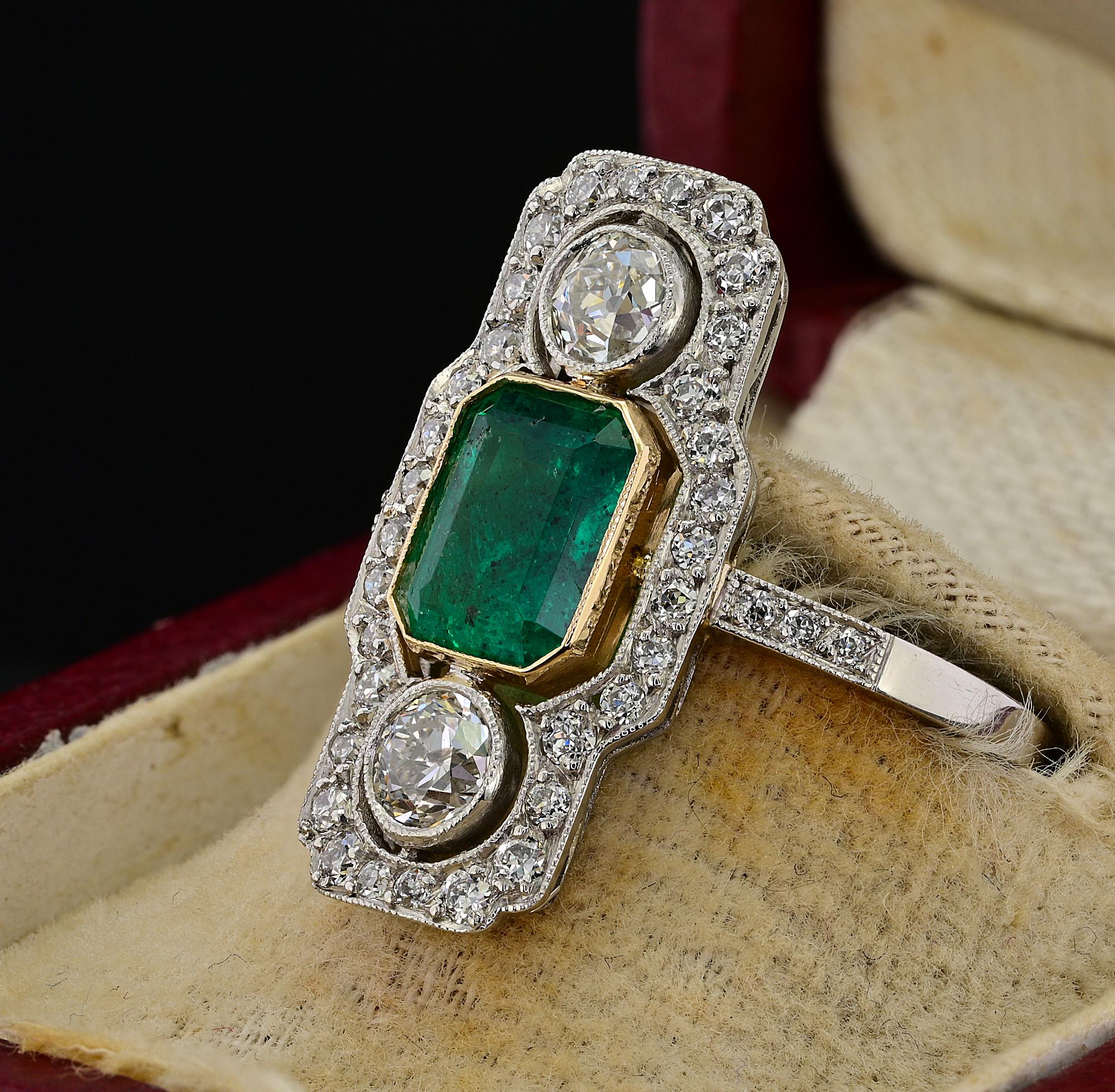 Art Deco Ct 1.32 Colombian Emerald Diamond Platinum Ring For Sale 2