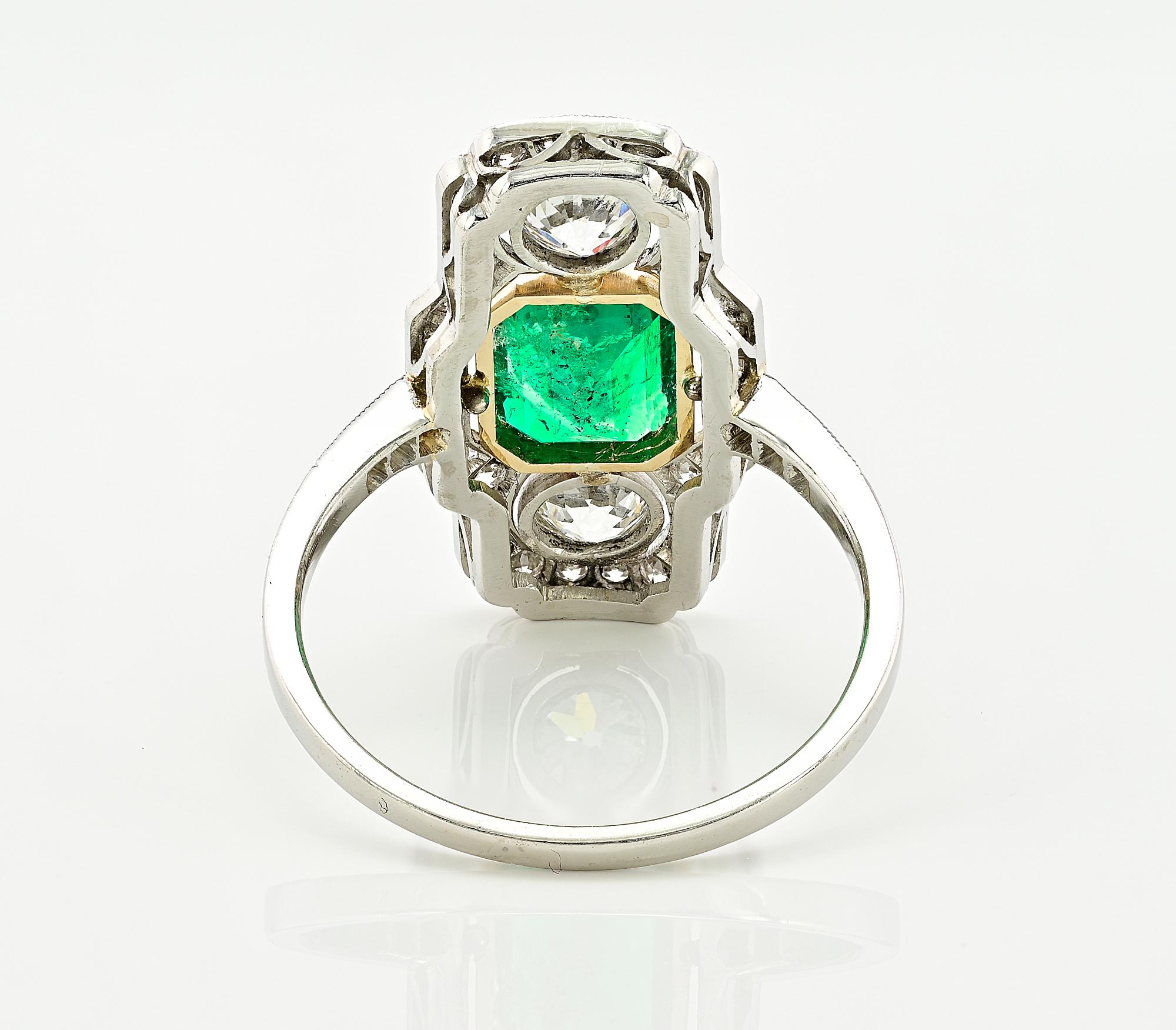 Art Deco Ct 1.32 Colombian Emerald Diamond Platinum Ring For Sale 3