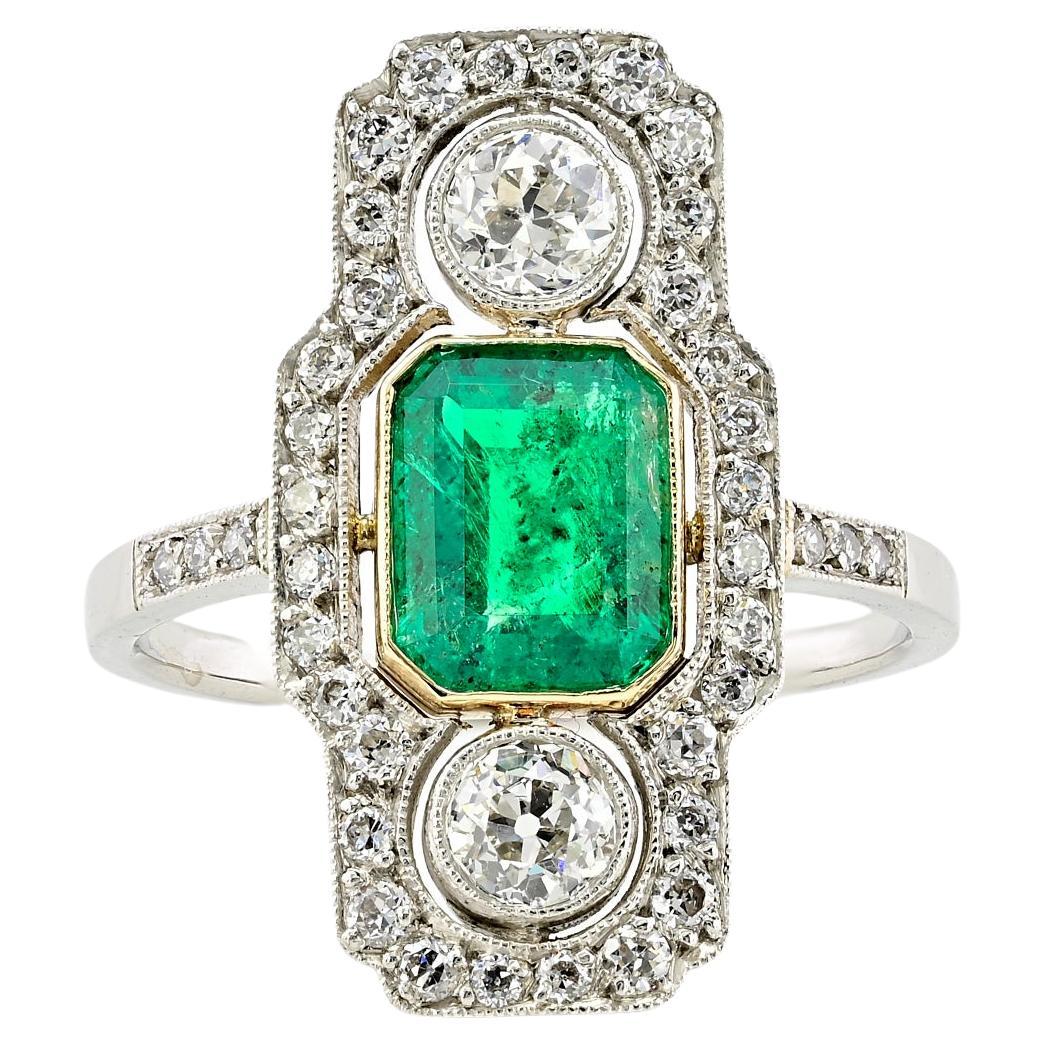 Art Deco Ct 1.32 Colombian Emerald Diamond Platinum Ring