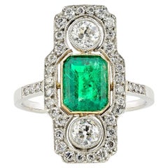 Antique Art Deco Ct 1.32 Colombian Emerald Diamond Platinum Ring