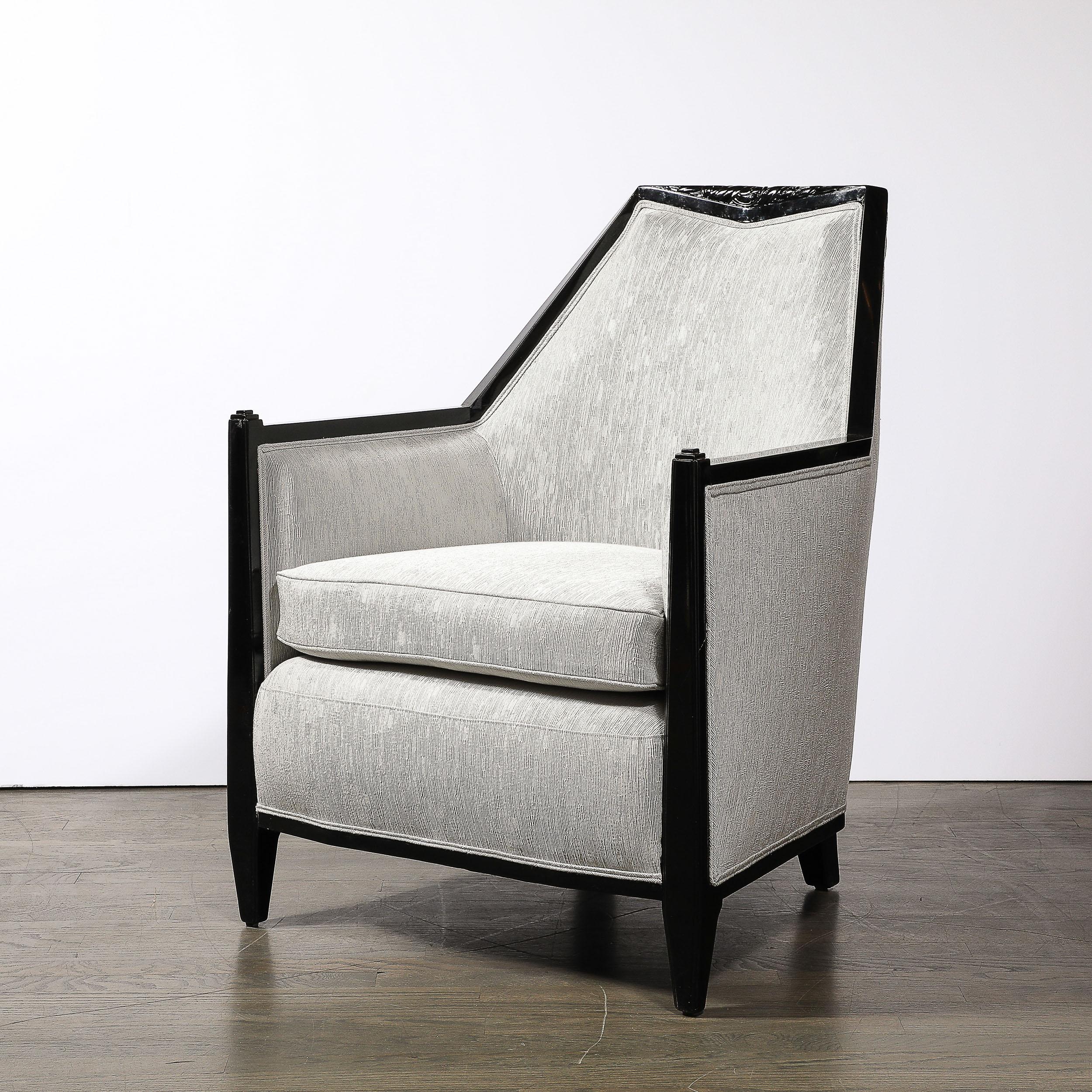 Fabric  Art Deco Cubist Black Lacquer Skyscraper Lounge Chairs in Manner of Ruhlmann For Sale