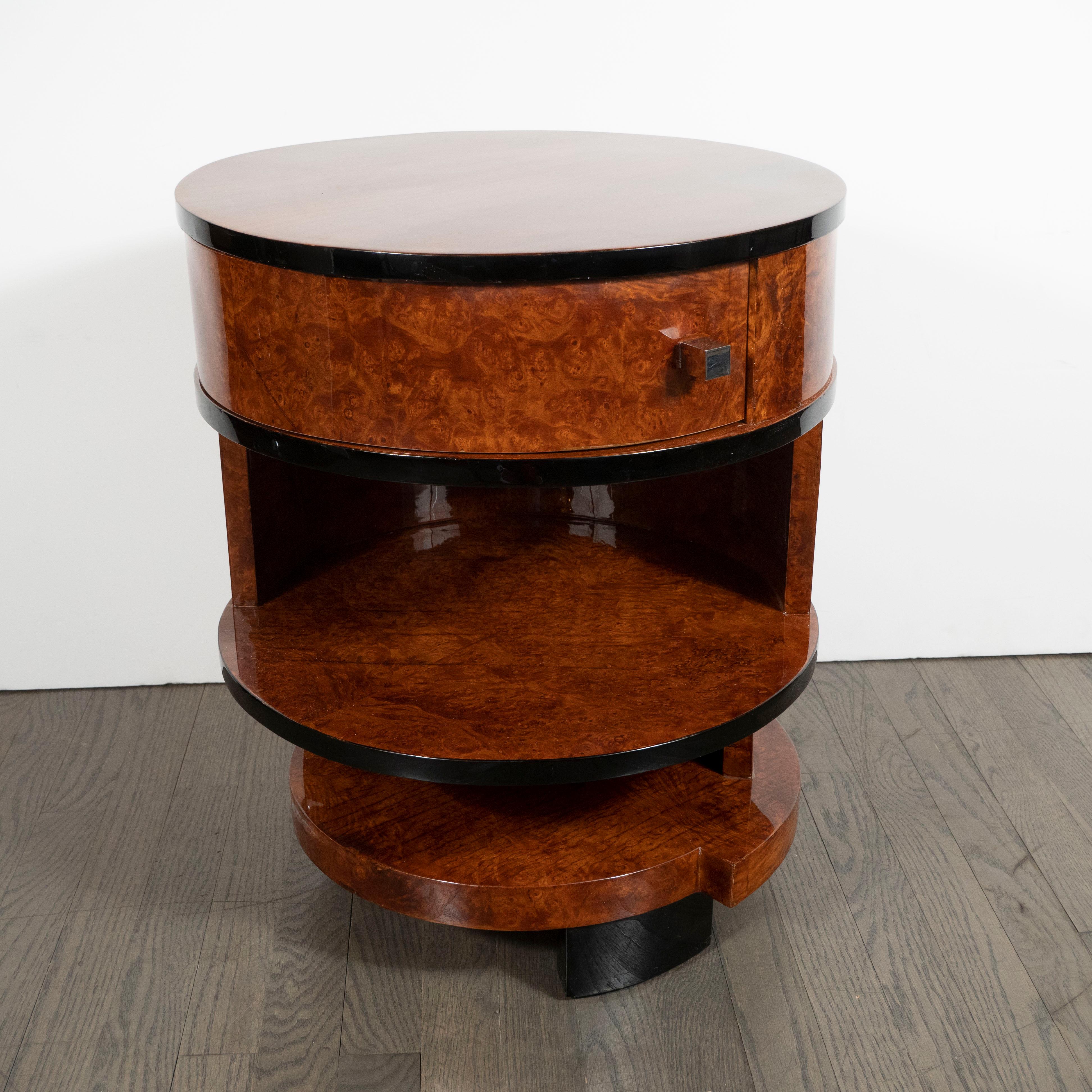 Art Deco Cubist Bookmatched Walnut, Burled Carpathian Elm & Black Lacquer Table In Excellent Condition In New York, NY