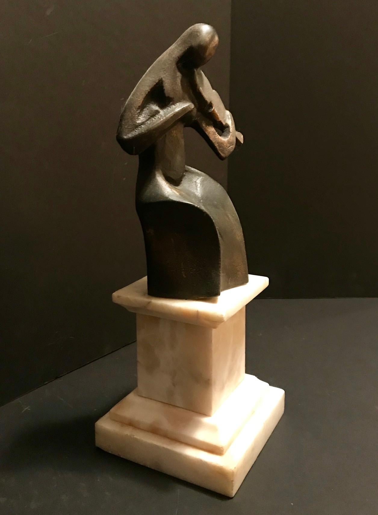 Alabaster Art Deco Cubist Bronze Figural Sculpture, Le Violoniste, circa 1930