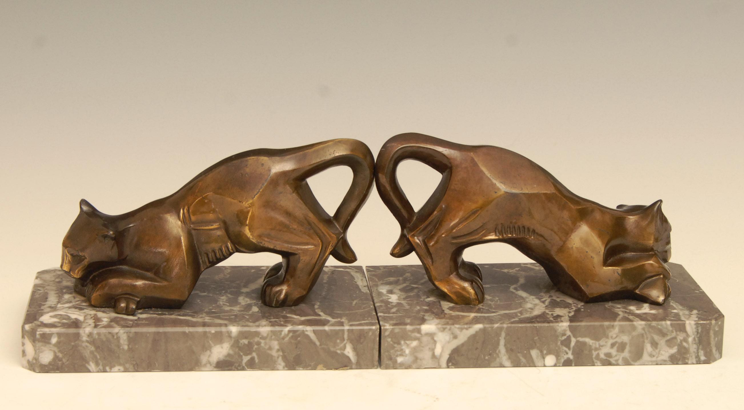 Mid-20th Century Art Deco Cubist Bronze Panther Bookends For Sale