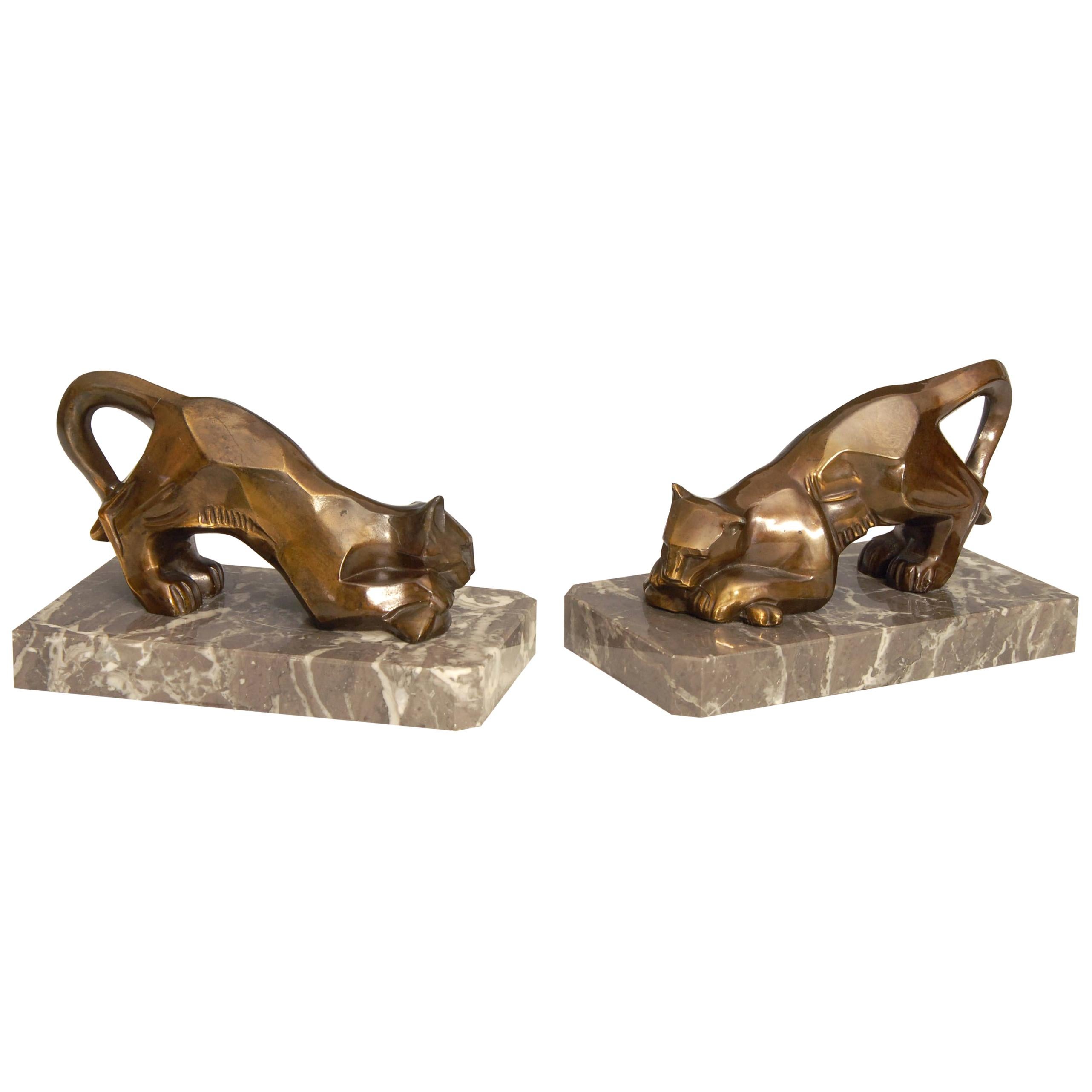 Art Deco Cubist Bronze Panther Bookends For Sale