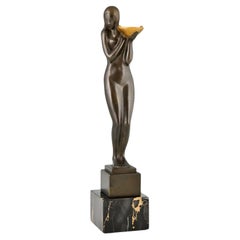 Escultura cubista Art Déco de bronce desnudo con bandeja de F. Guiraud Francia 1925