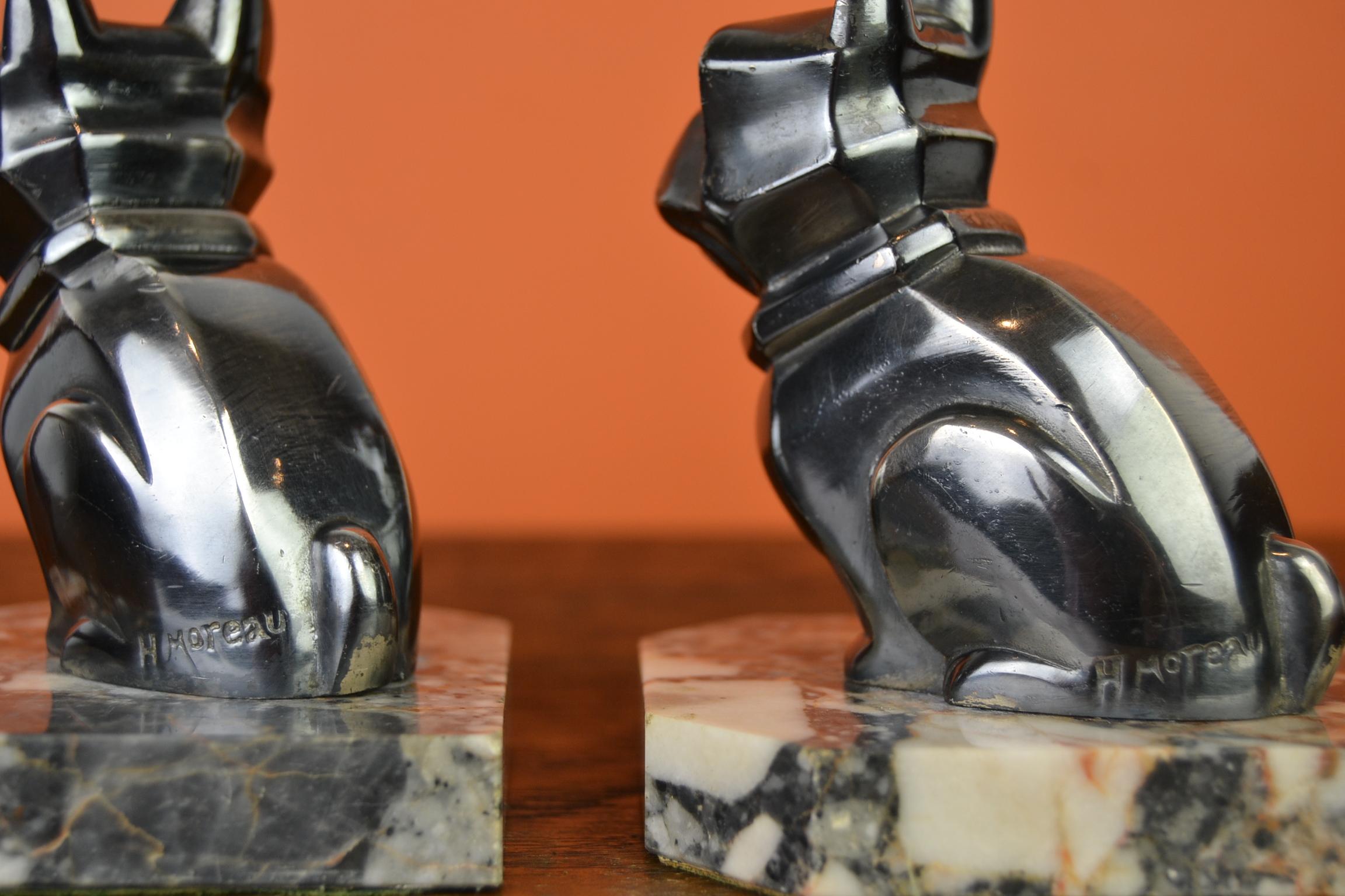 Art Deco Cubist Bulldog Bookends by H.Moreau, Chromed Metal, Marble, France 5