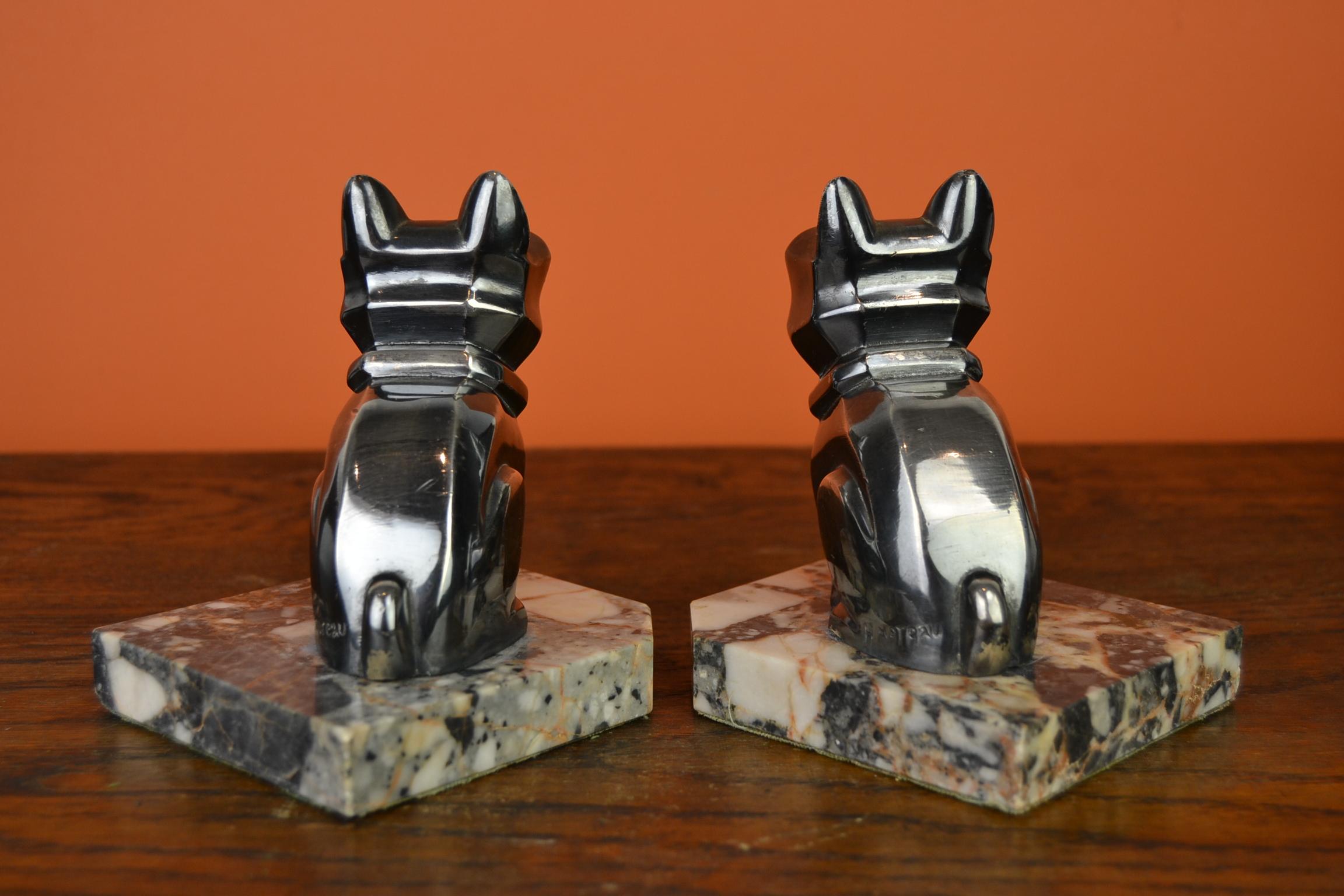 Art Deco Cubist Bulldog Bookends by H.Moreau, Chromed Metal, Marble, France 6