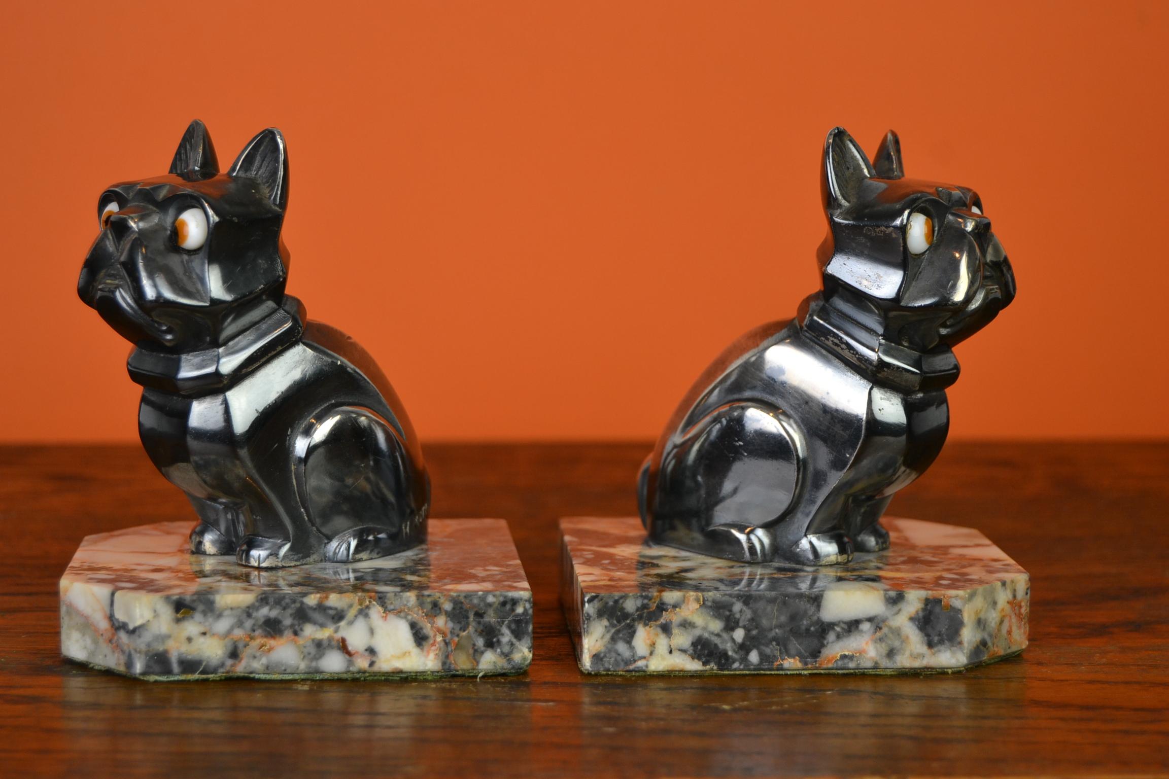 Art Deco Cubist Bulldog Bookends by H.Moreau, Chromed Metal, Marble, France 7