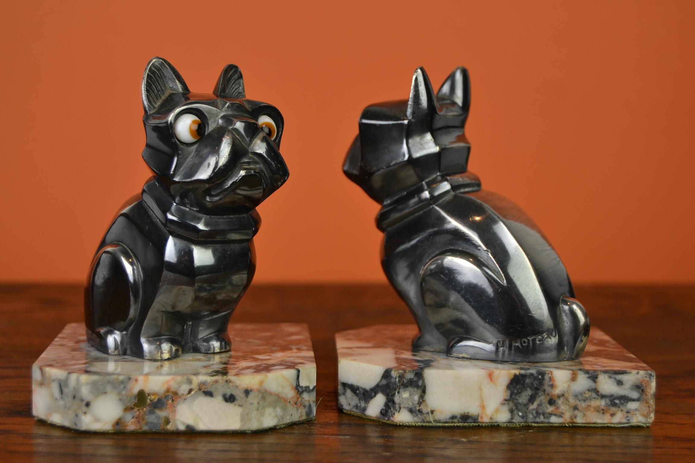 Art Deco Cubist Bulldog Bookends by H.Moreau, Chromed Metal, Marble, France 13