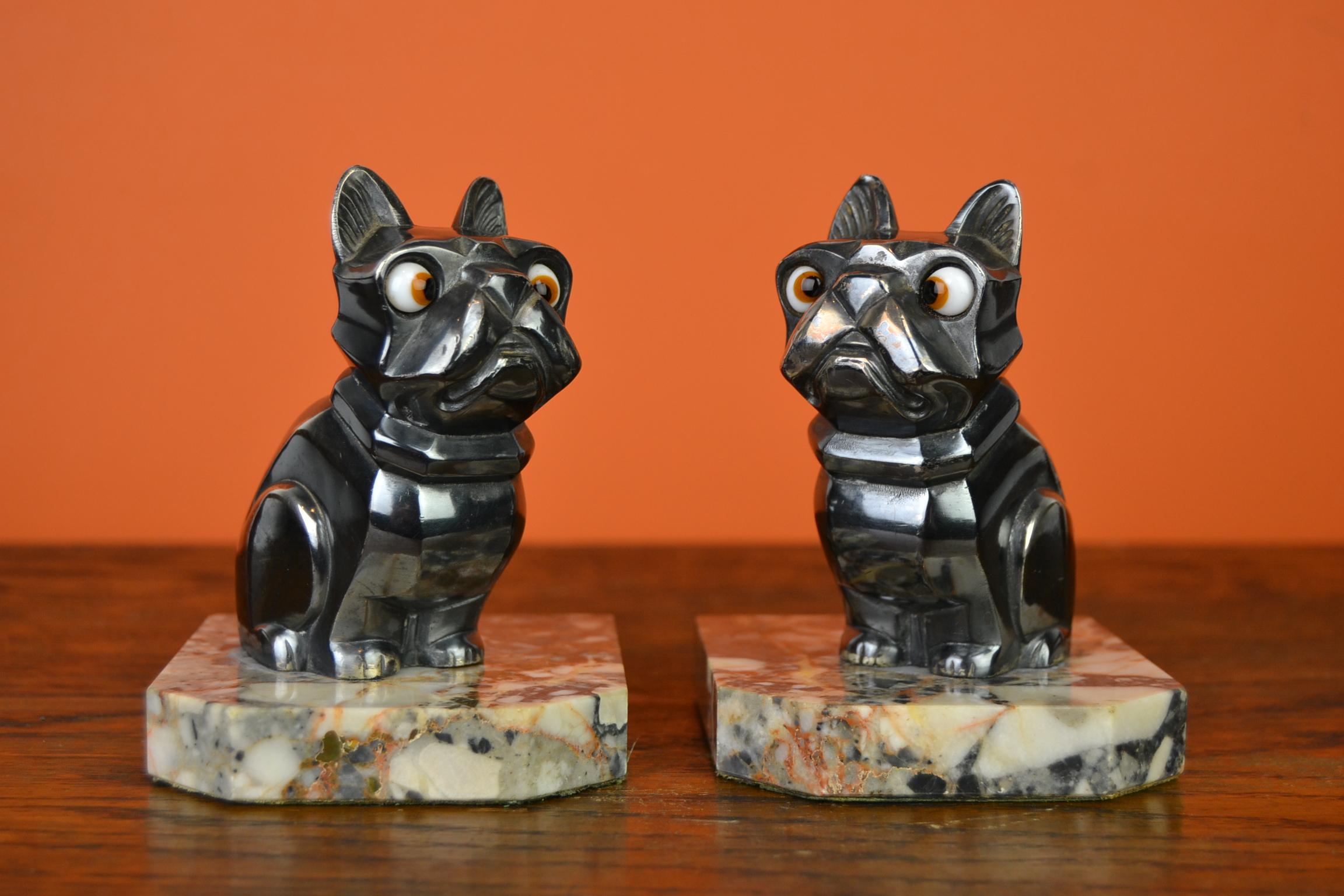 Art Deco Cubist Bulldog Bookends by H.Moreau, Chromed Metal, Marble, France 15