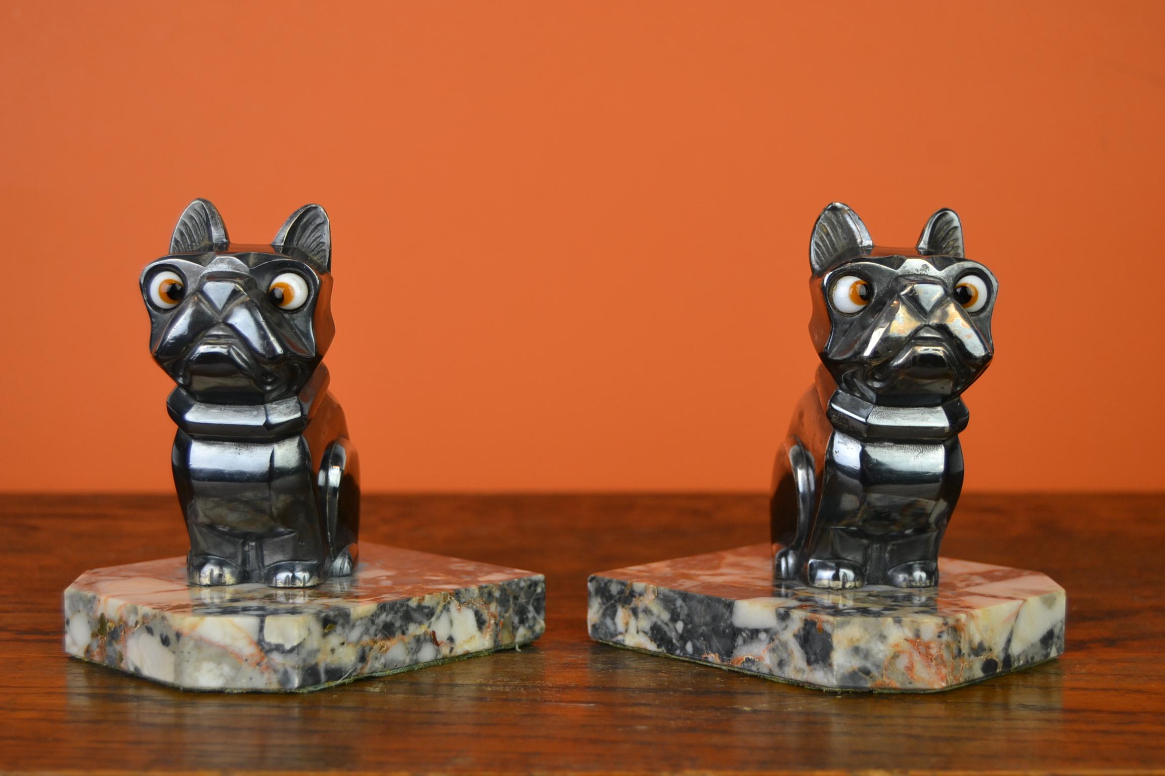 Art Deco Cubist Bulldog Bookends by H.Moreau, Chromed Metal, Marble, France 1
