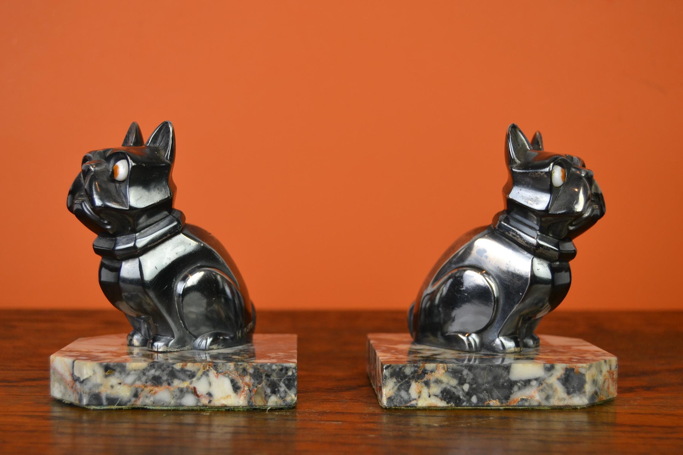 Art Deco Cubist Bulldog Bookends by H.Moreau, Chromed Metal, Marble, France 2