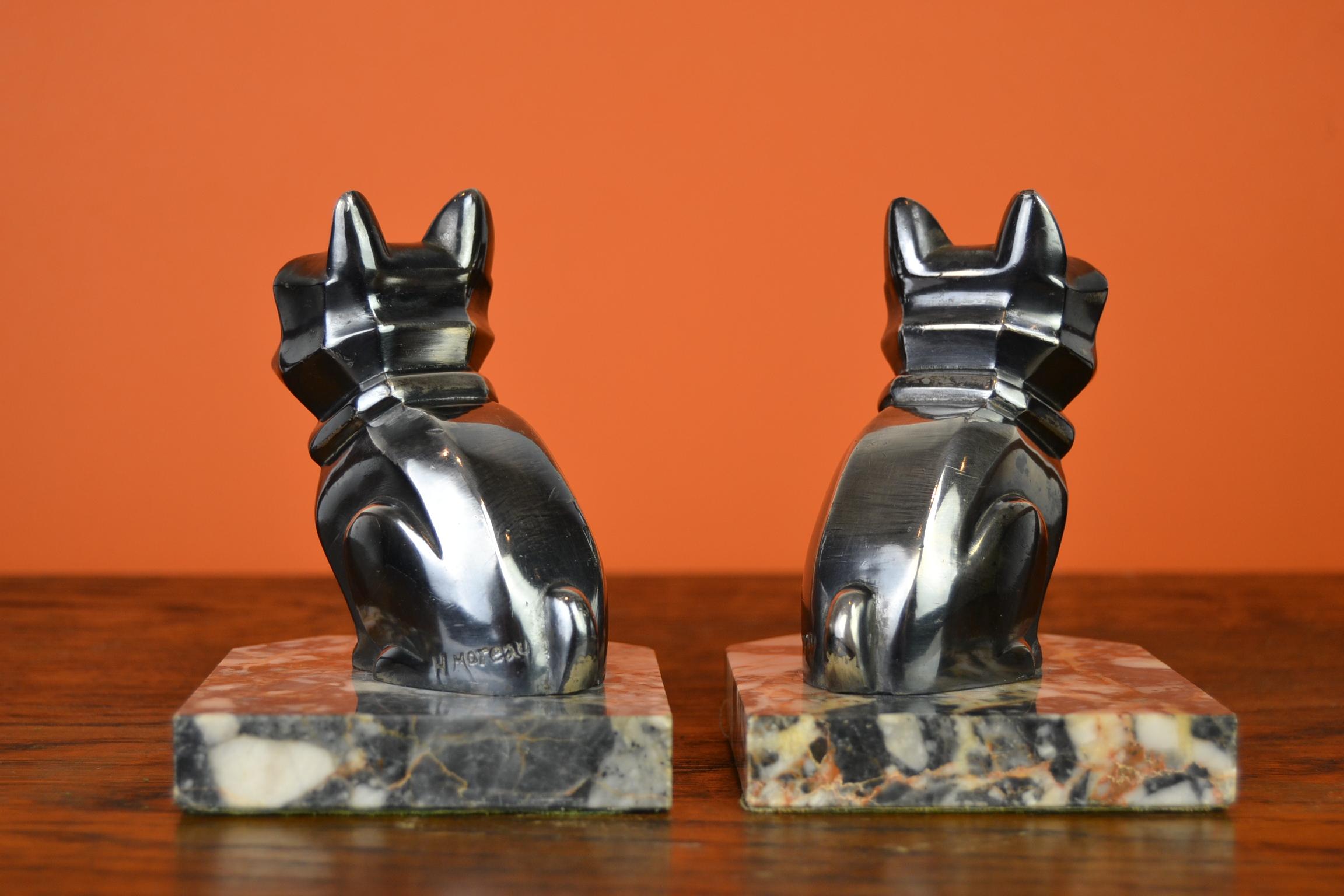 Art Deco Cubist Bulldog Bookends by H.Moreau, Chromed Metal, Marble, France 3