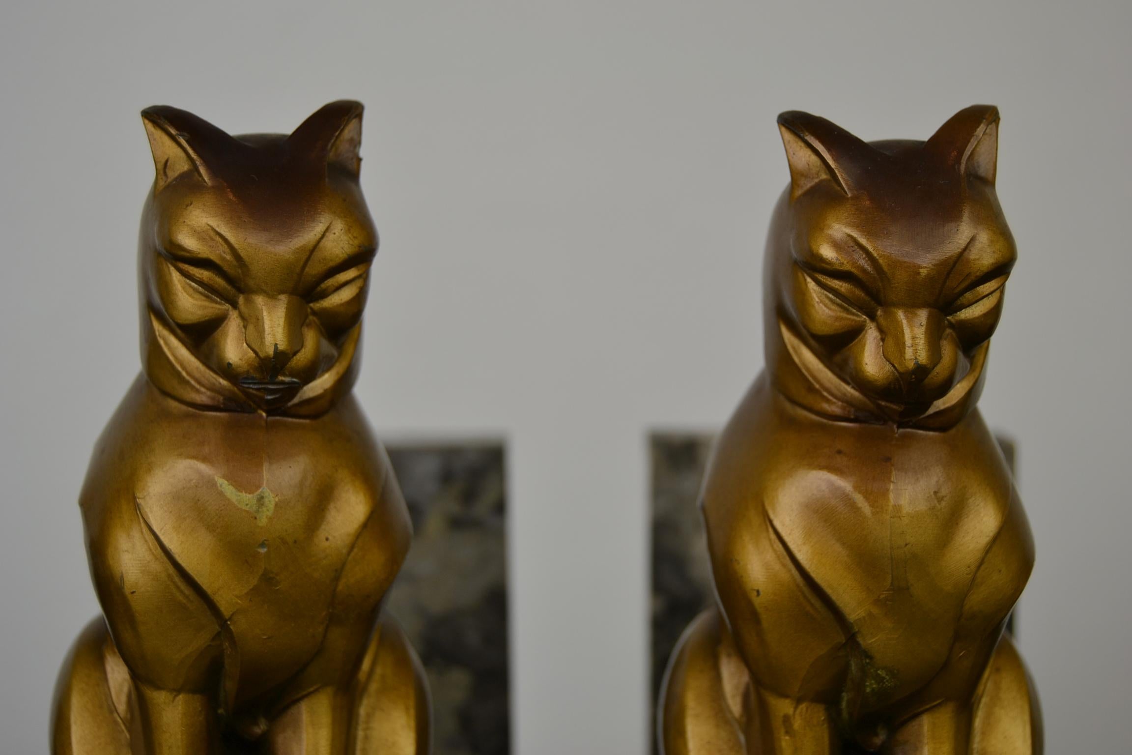 French Art Deco Cubist Cat Bookends by Franjou, France, 1930s