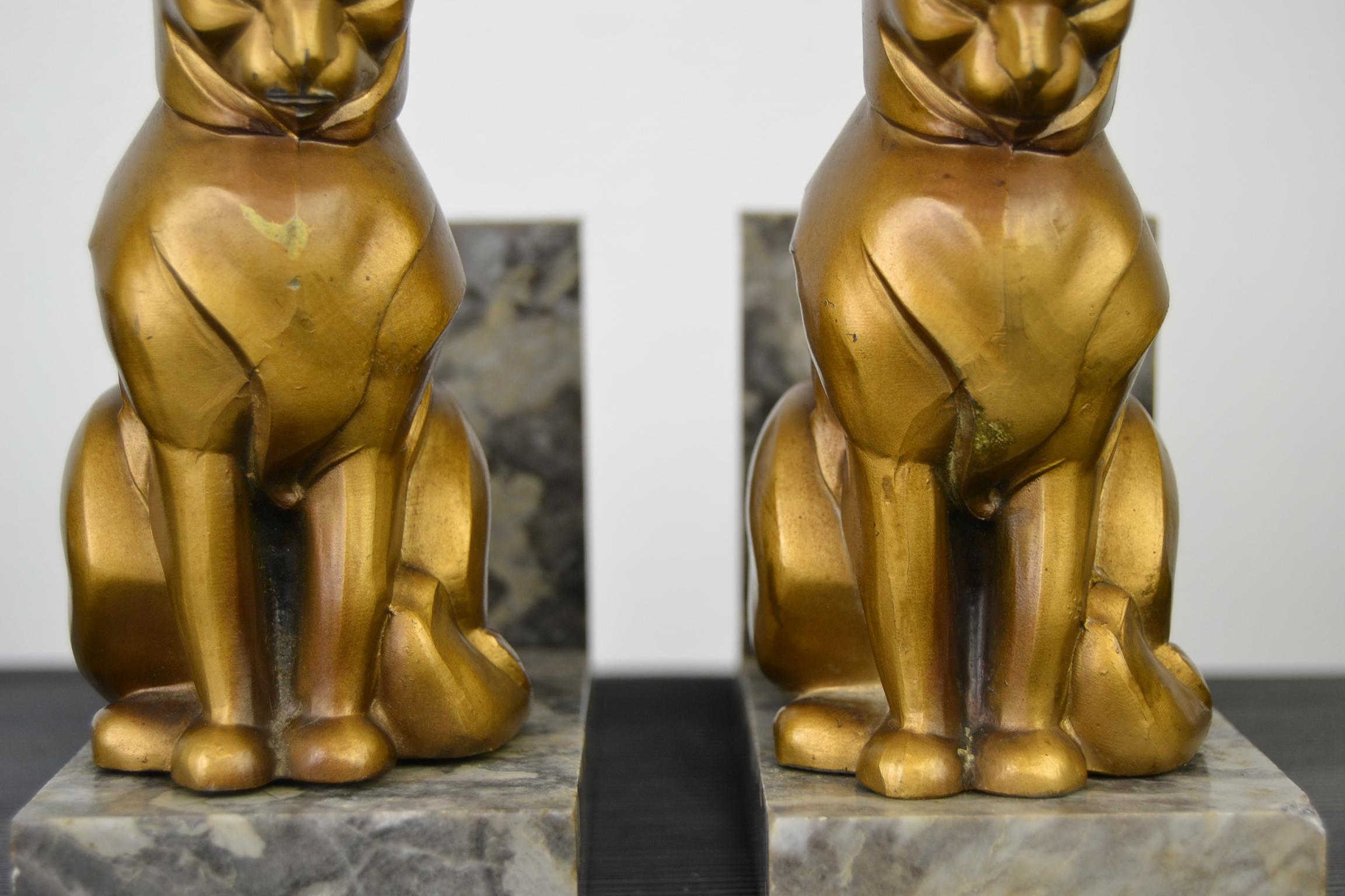 Patinated Art Deco Cubist Cat Bookends by Franjou, France, 1930s