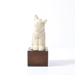 Art Deco Cubist Cat Sculpture in Cream Enamel on Brown Rectilinear Base