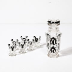 Art Deco Cubist Cut Crystal Black Geometric Detailed Decanter & Glass Set