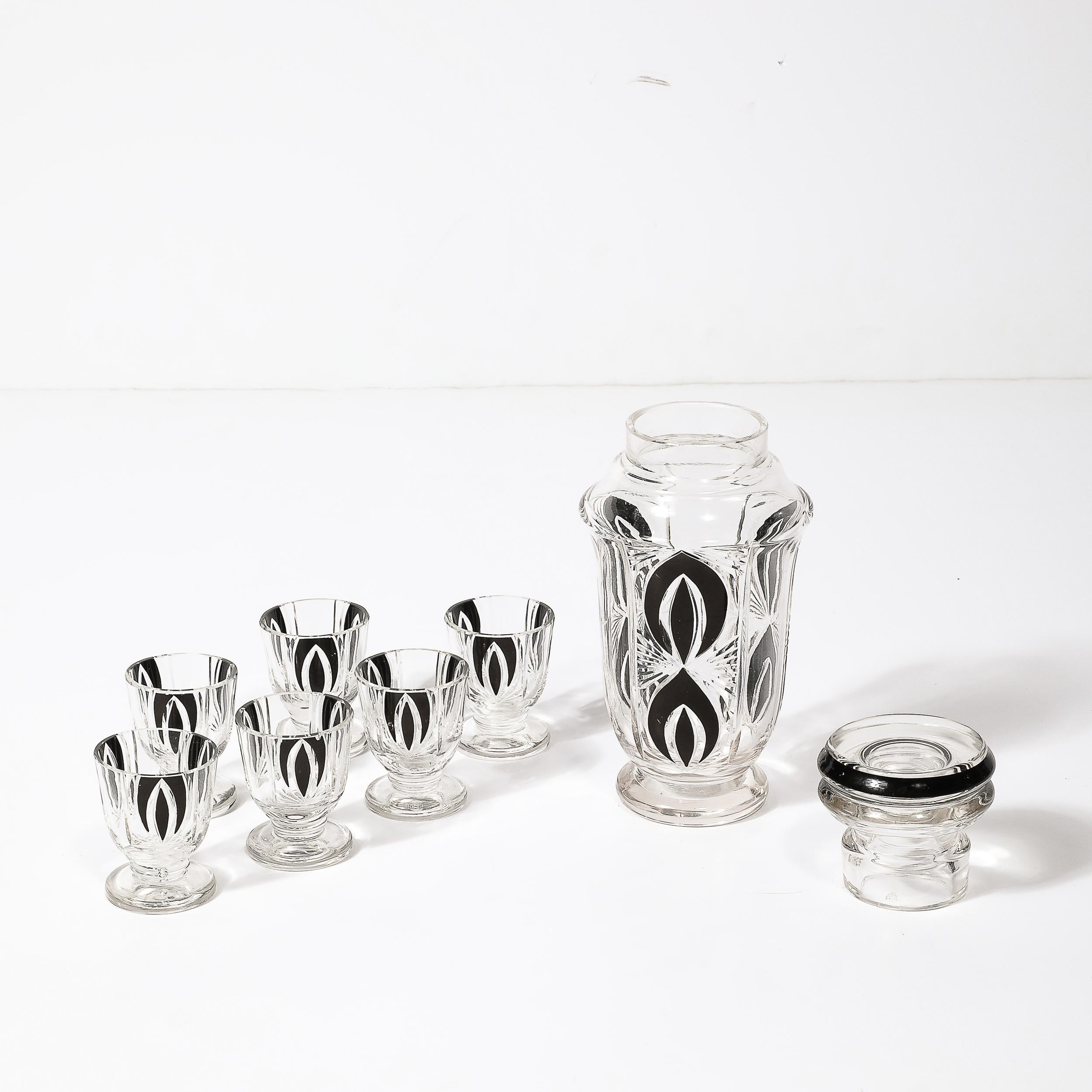 Czech Art Deco Cubist Cut Crystal Black Geometric Detailed Decanter & Glass Set For Sale