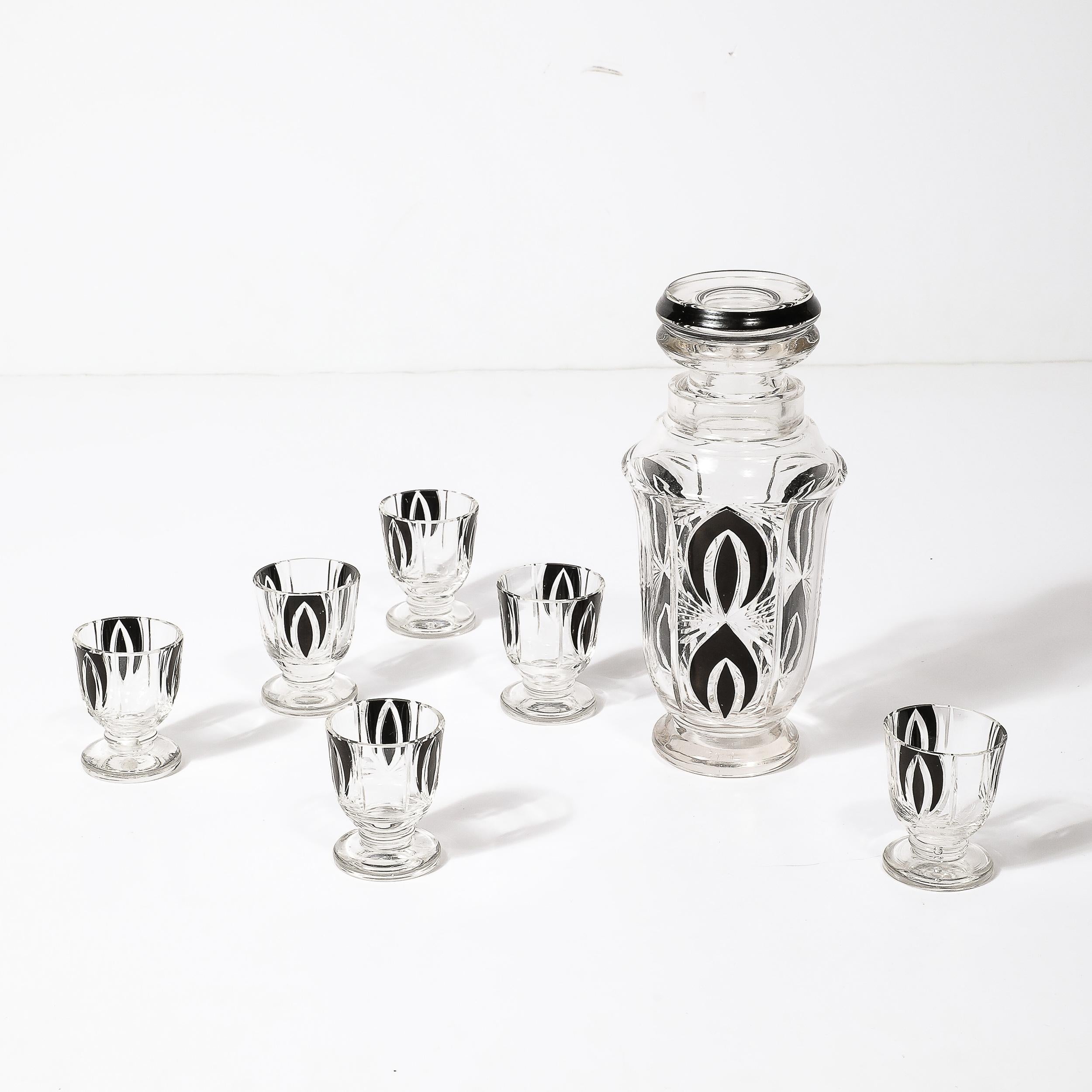 Mid-20th Century Art Deco Cubist Cut Crystal Black Geometric Detailed Decanter & Glass Set For Sale
