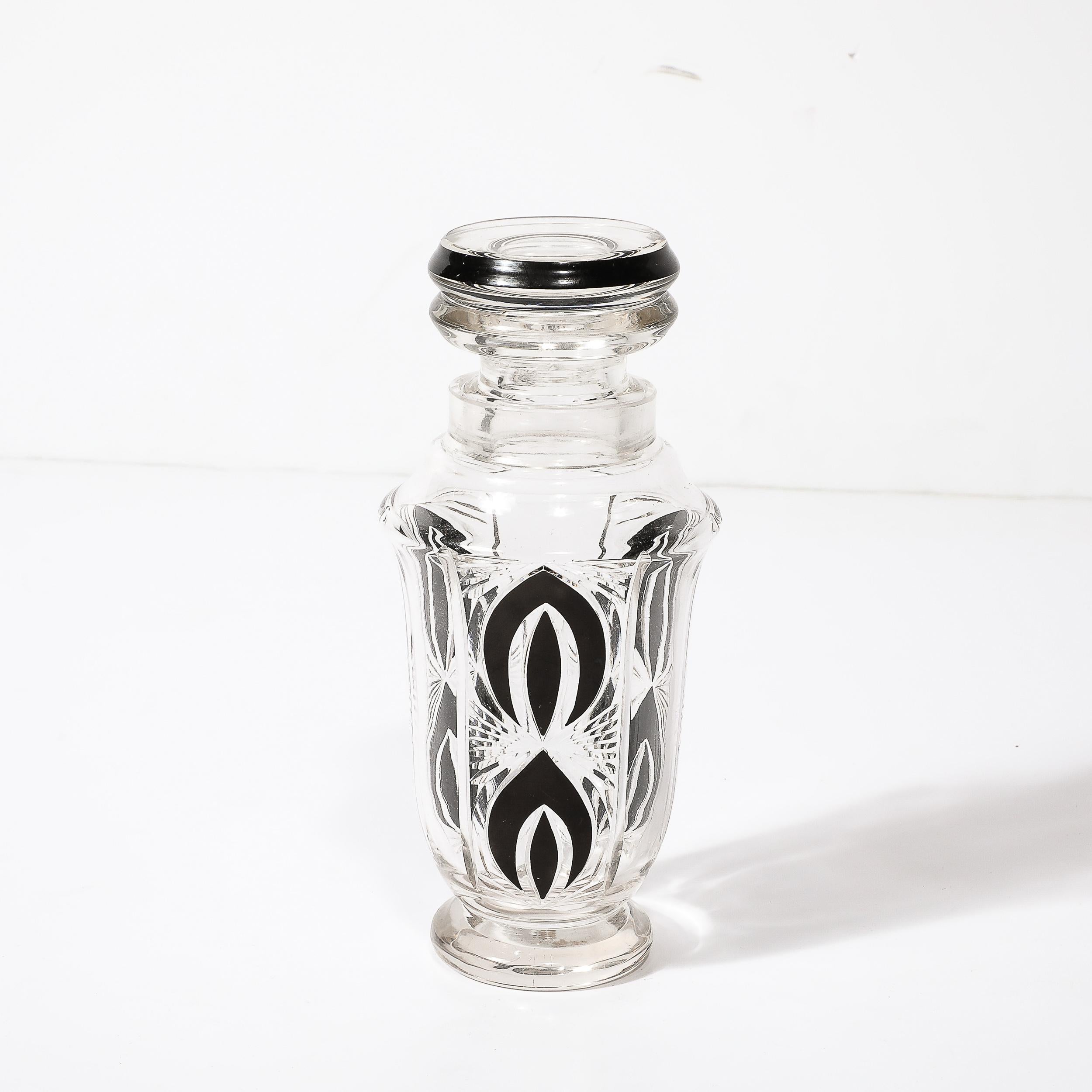 Art Deco Cubist Cut Crystal Black Geometric Detailed Decanter & Glass Set For Sale 1