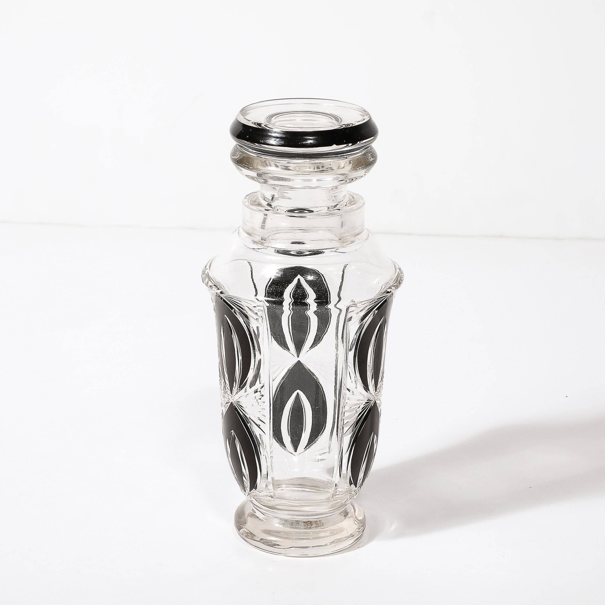 Art Deco Cubist Cut Crystal Black Geometric Detailed Decanter & Glass Set For Sale 2