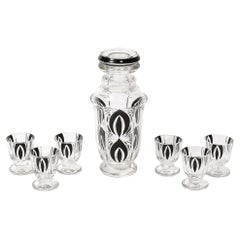 Art Deco Cubist Cut Crystal Black Geometric Detailed Decanter & Glass Set