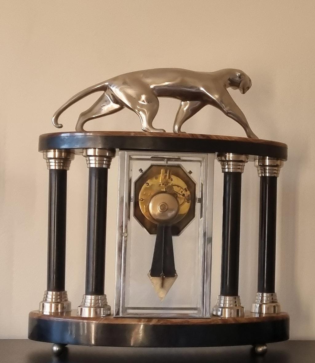 Art Deco Cubist Design Clock With Bronze Panther And Pair Of Lamps By Decoux For Sale 5