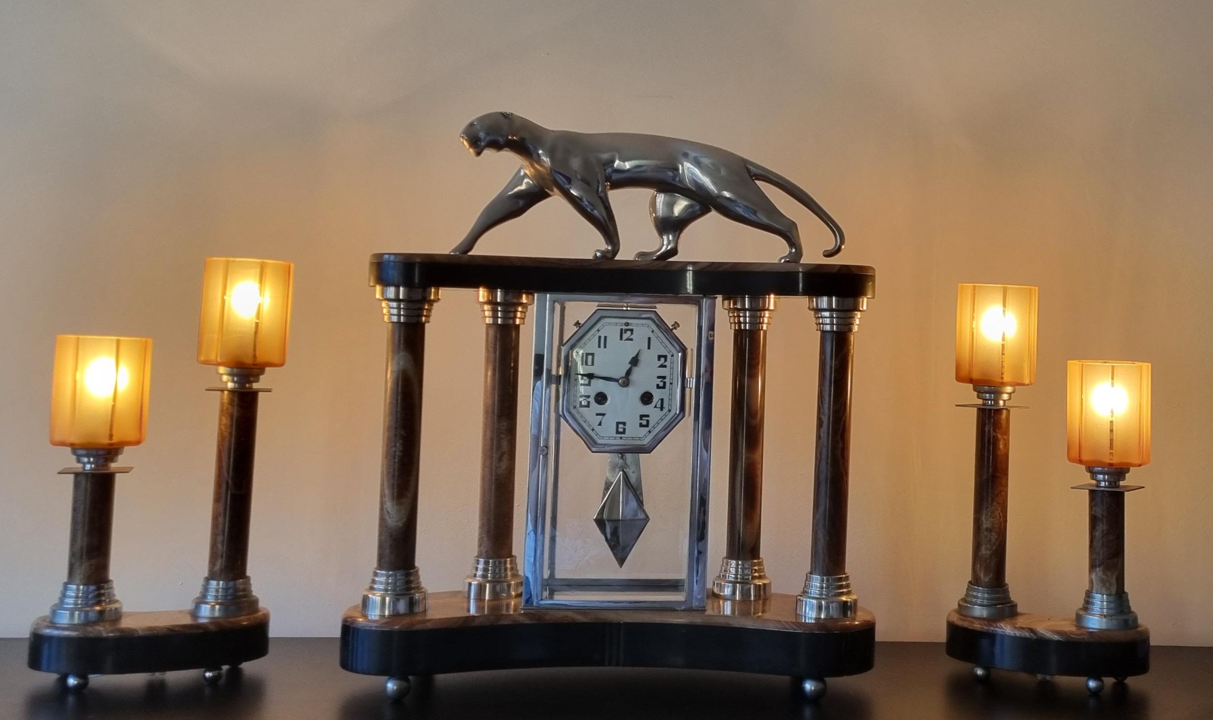 French Art Deco Cubist Design Clock With Bronze Panther And Pair Of Lamps By Decoux For Sale