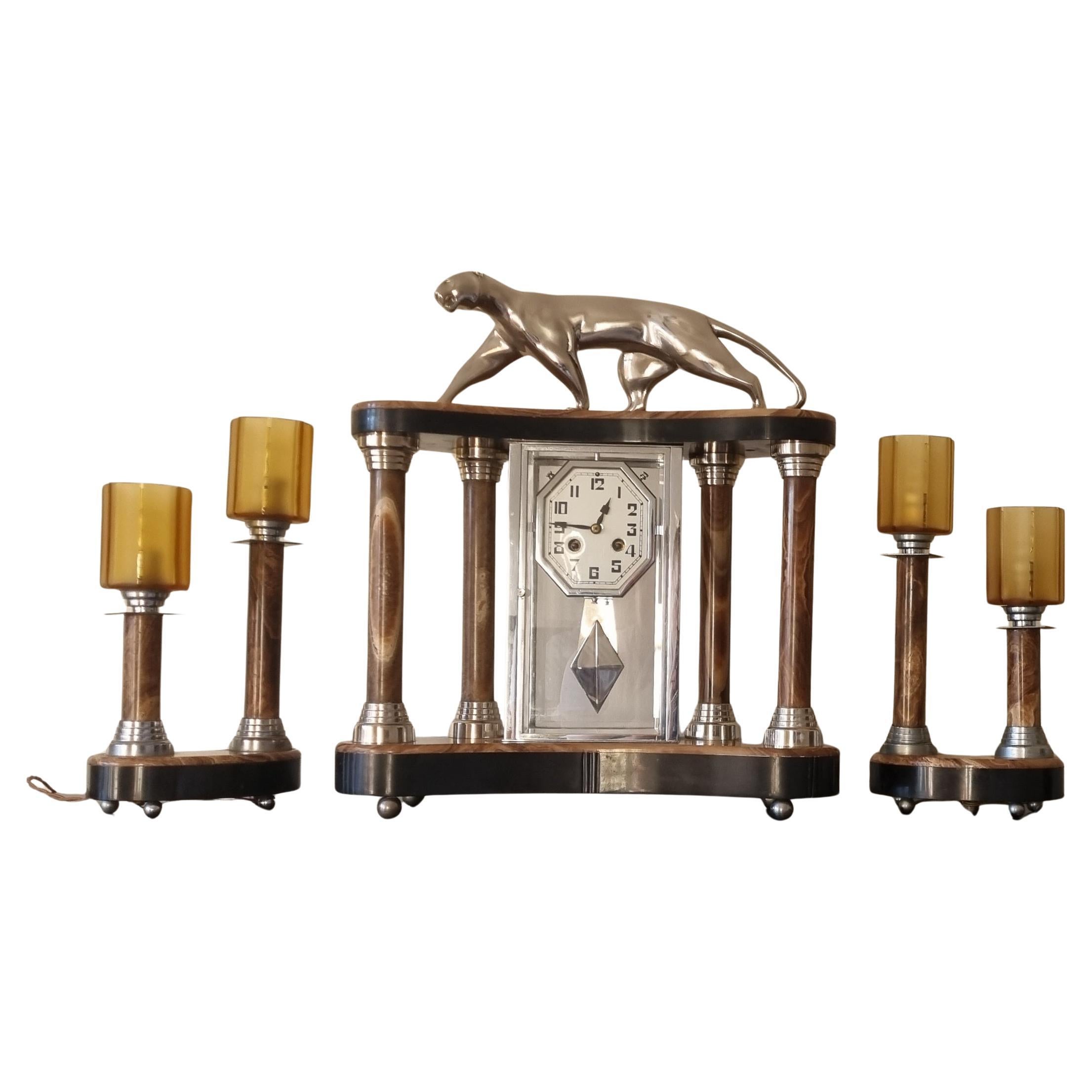 Art Deco Cubist Design Clock With Bronze Panther And Pair Of Lamps By Decoux