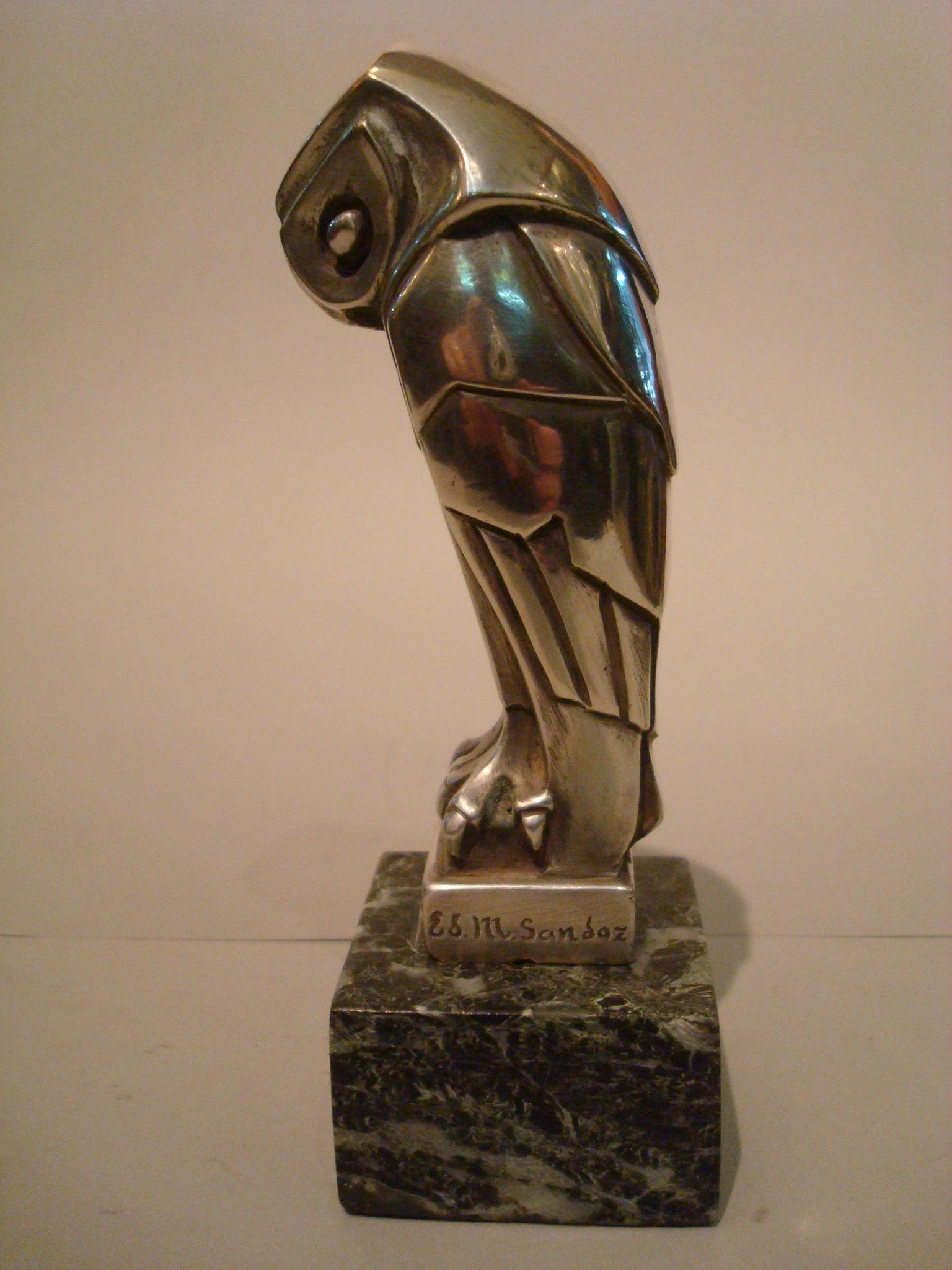 Silvered Art Deco Cubist Edouard-Marcel Sandoz Owl Hibou Bronze Car Mascot, Automobilia