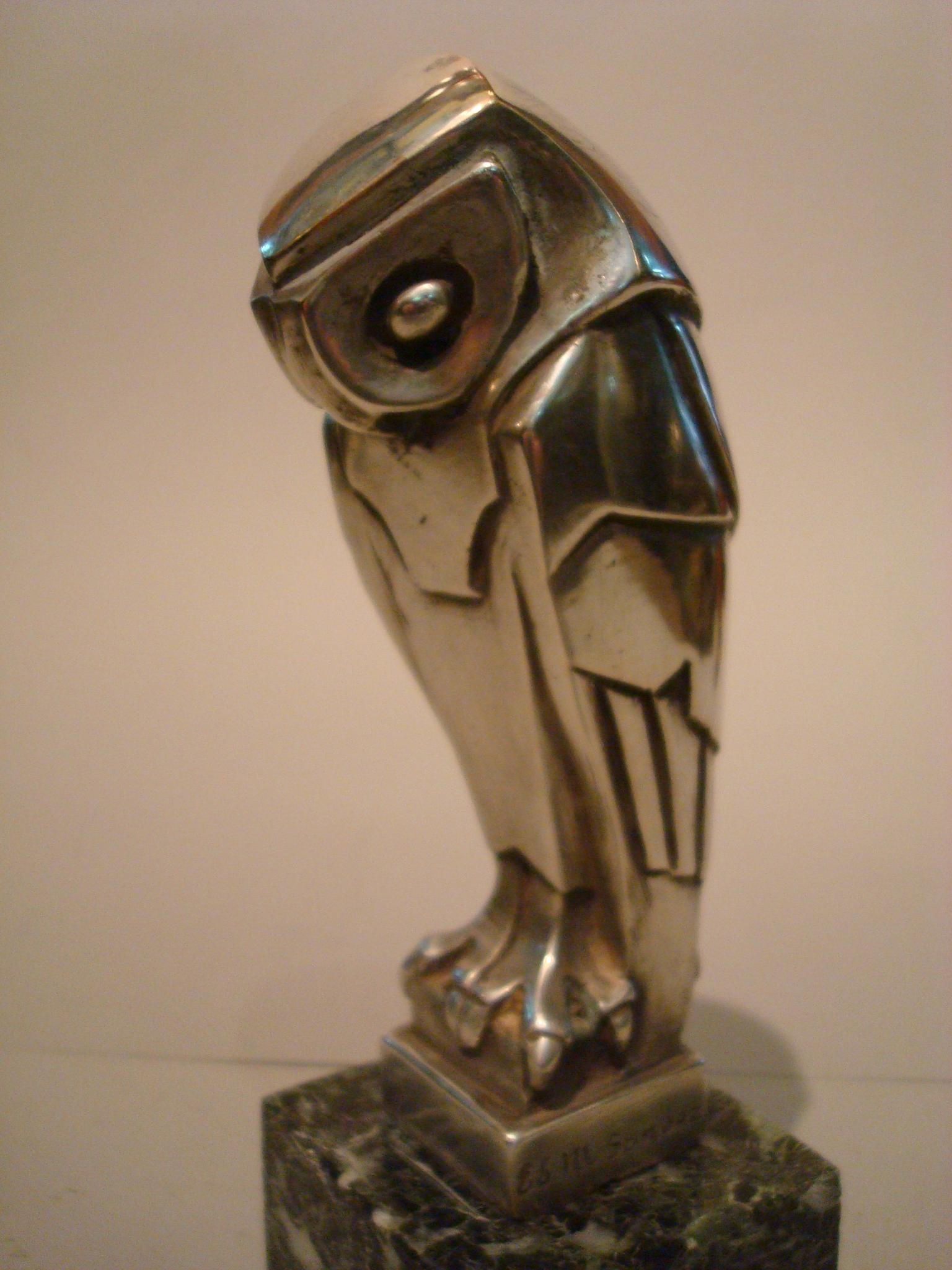 Art Deco Cubist Edouard-Marcel Sandoz Owl Hibou Bronze Car Mascot, Automobilia 1