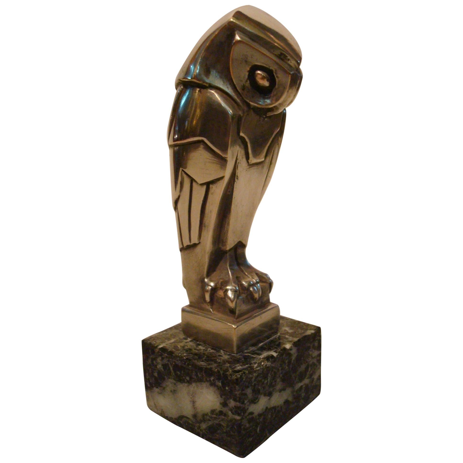Art Deco Cubist Edouard-Marcel Sandoz Owl Hibou Bronze Car Mascot, Automobilia