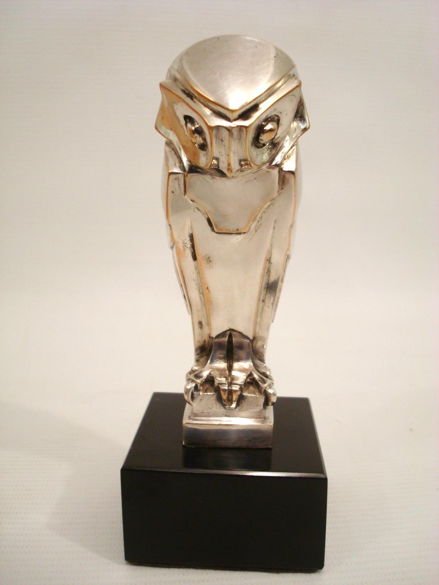 Art Deco Cubist Edouard-Marcel Sandoz Owl Hibou Bronze Car Mascot, Paperweight For Sale 5