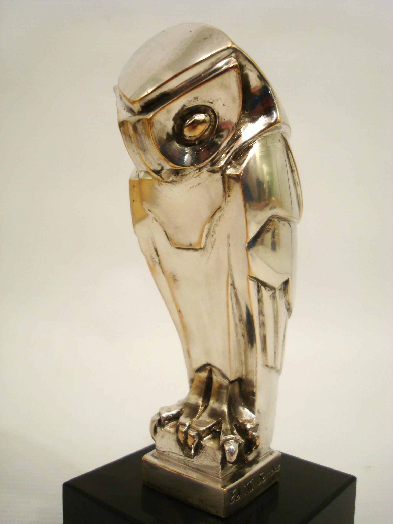 French Art Deco Cubist Edouard-Marcel Sandoz Owl Hibou Bronze Car Mascot, Paperweight For Sale