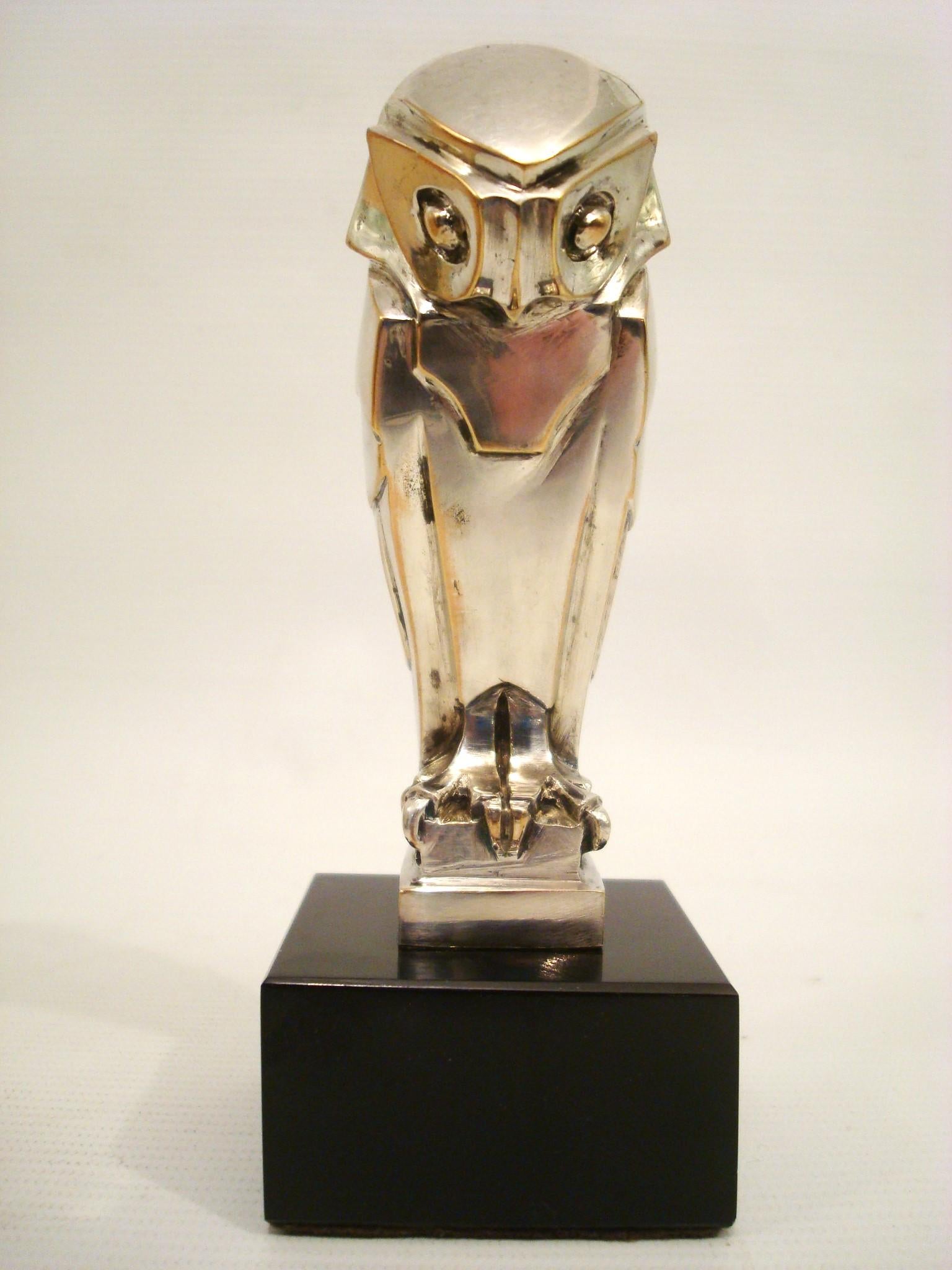 Silvered Art Deco Cubist Edouard-Marcel Sandoz Owl Hibou Bronze Car Mascot, Paperweight For Sale