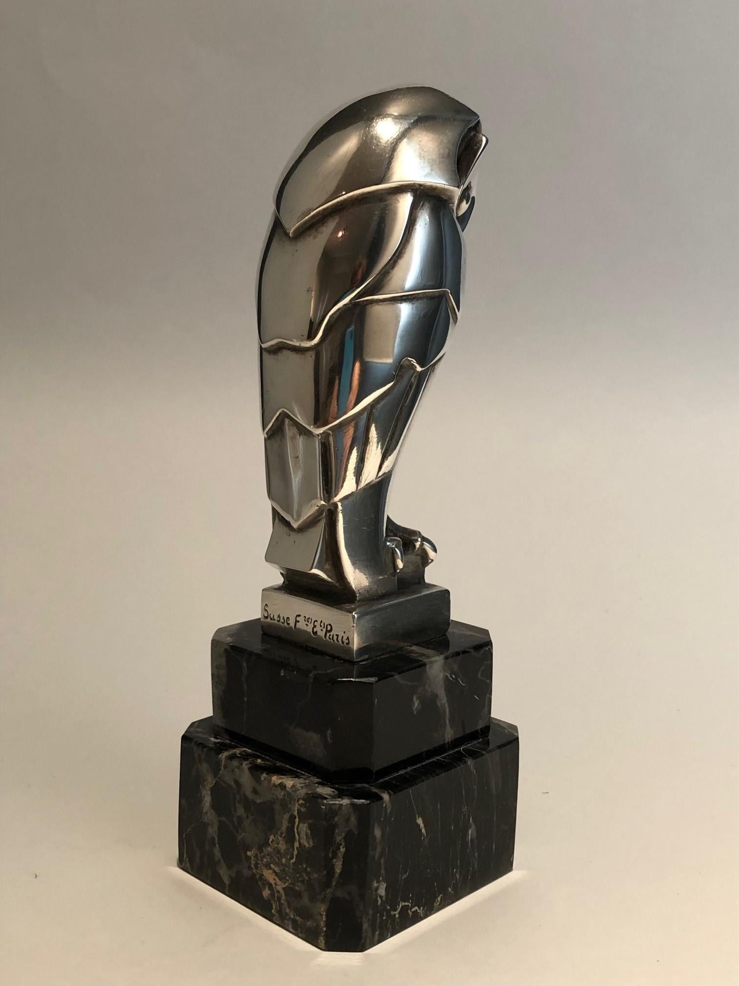 Silvered Art Deco Cubist Edouard-Marcel Sandoz Owl Hibou Bronze Car Mascot, Paperweight