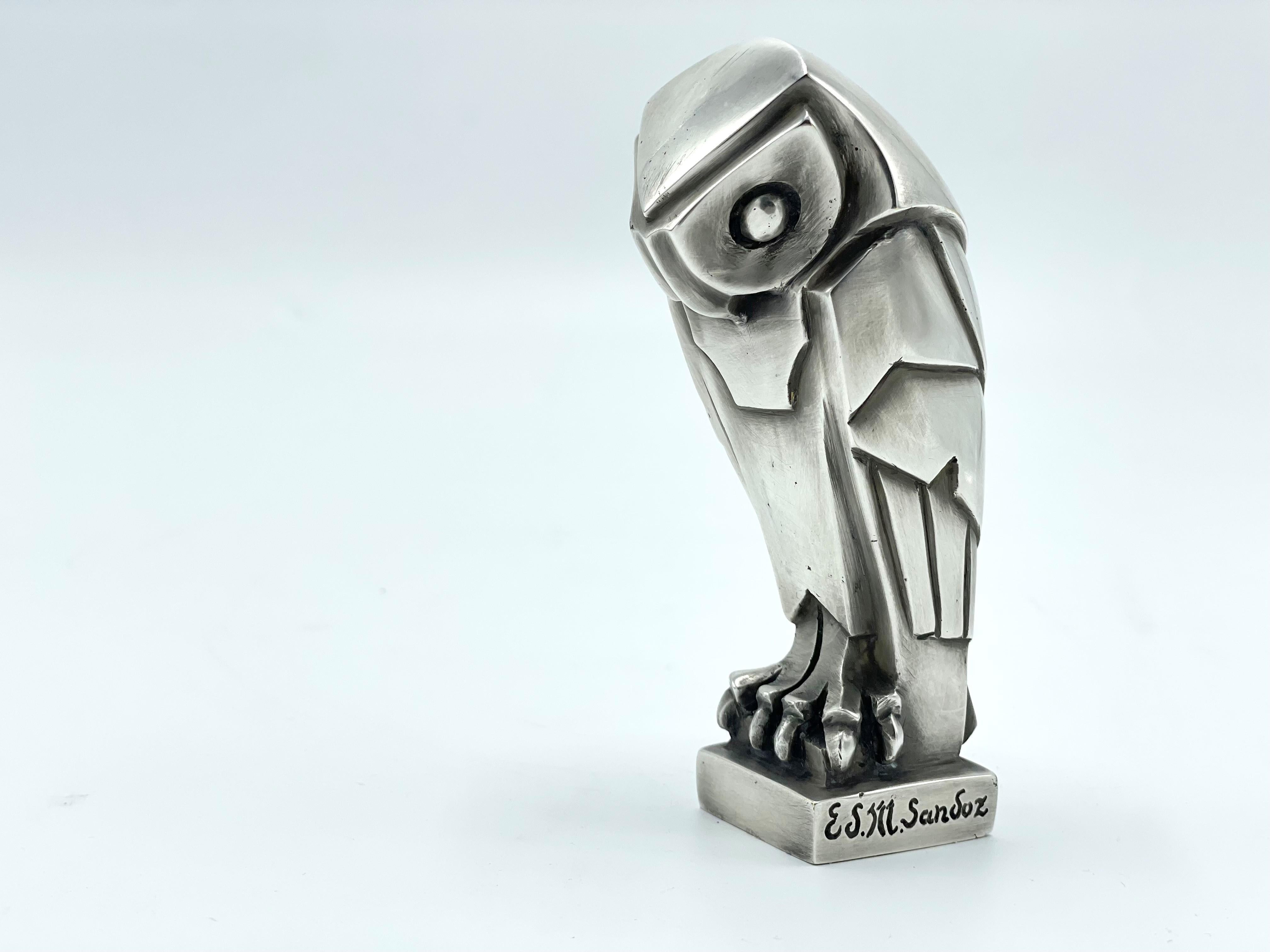 French Art Deco Cubist Edouard-Marcel Sandoz Owl Hibou Bronze Car Mascot, Paperweight