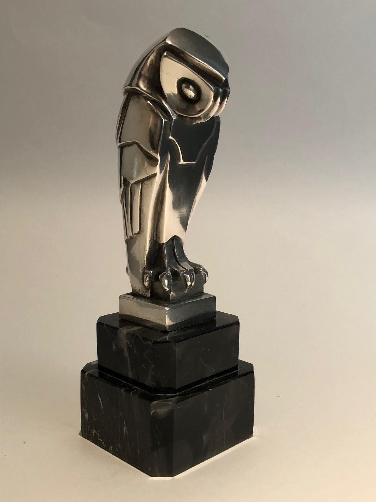 Art Deco Cubist Edouard-Marcel Sandoz Owl Hibou Bronze Car Mascot, Paperweight In Good Condition In Buenos Aires, Olivos