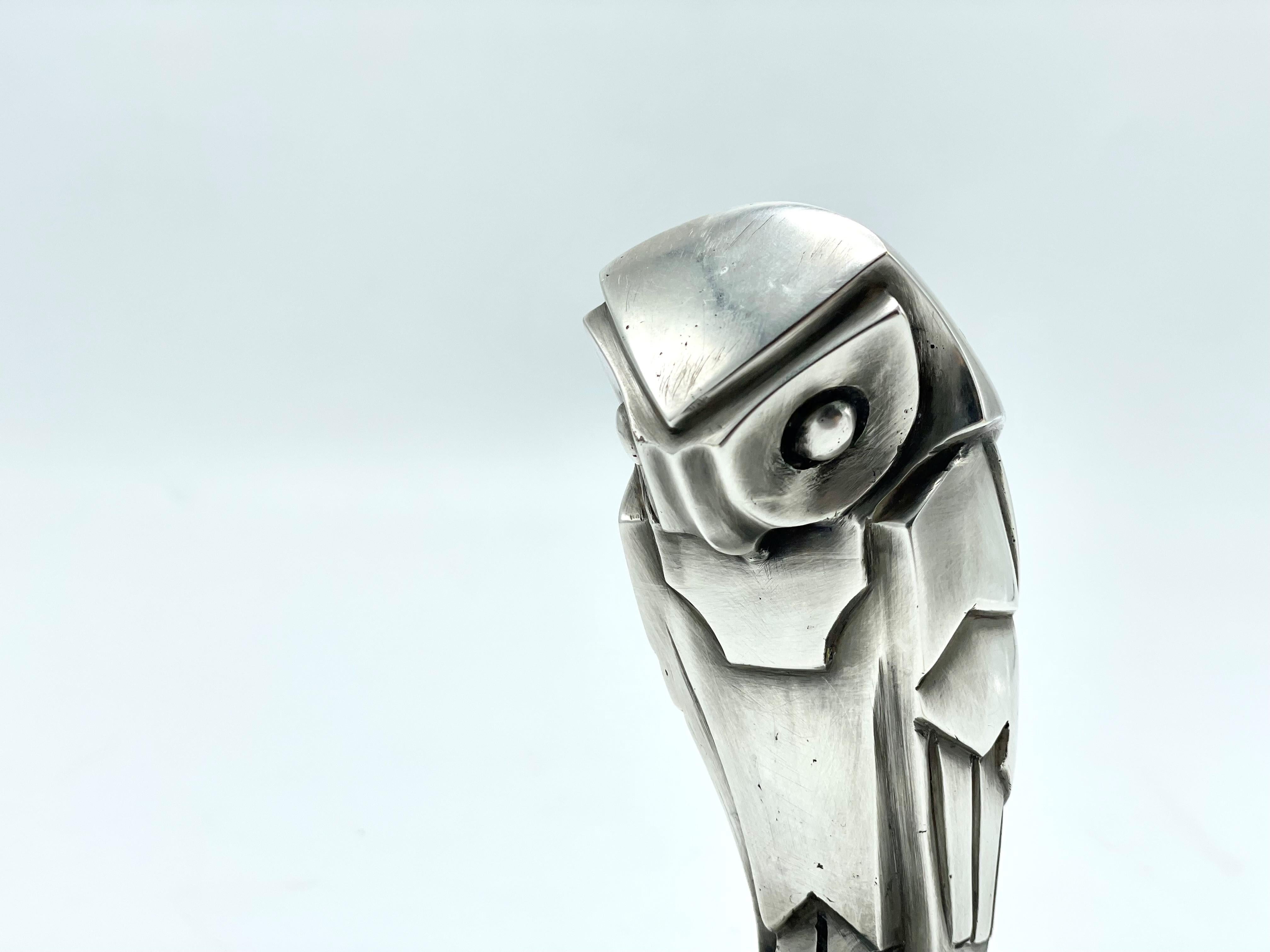 Plated Art Deco Cubist Edouard-Marcel Sandoz Owl Hibou Bronze Car Mascot, Paperweight