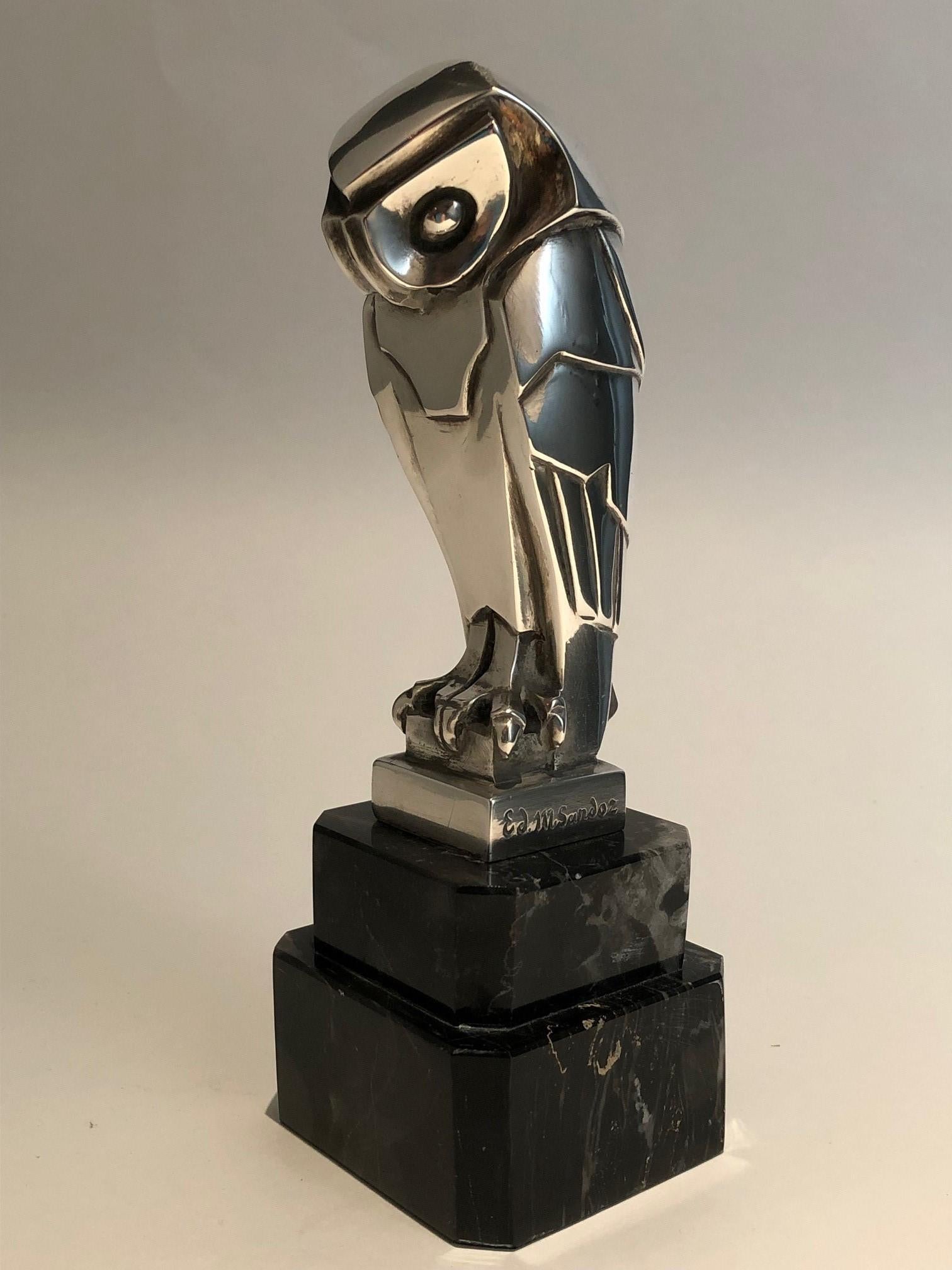 Early 20th Century Art Deco Cubist Edouard-Marcel Sandoz Owl Hibou Bronze Car Mascot, Paperweight