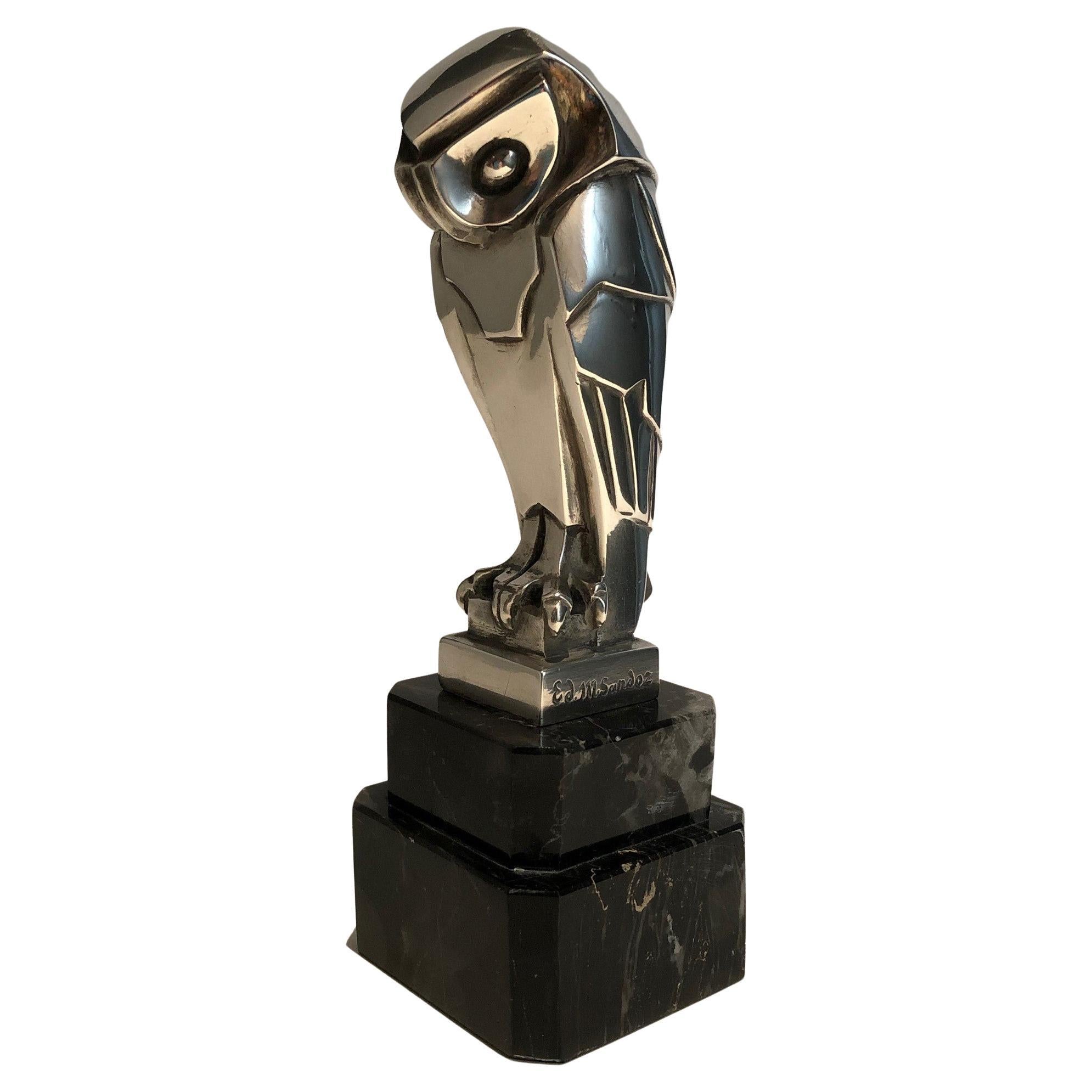 Art Deco Cubist Edouard-Marcel Sandoz Owl Hibou Bronze Car Mascot, Paperweight