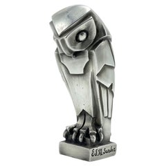 Used Art Deco Cubist Edouard-Marcel Sandoz Owl Hibou Bronze Car Mascot, Paperweight