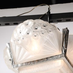 Art Deco Cubist Frosted Glass & Silvered Bronze Chandelier signed Muller Freres