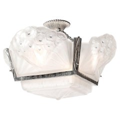 Art Deco Cubist Frosted Glass & Silvered Bronze Chandelier signed Muller Freres