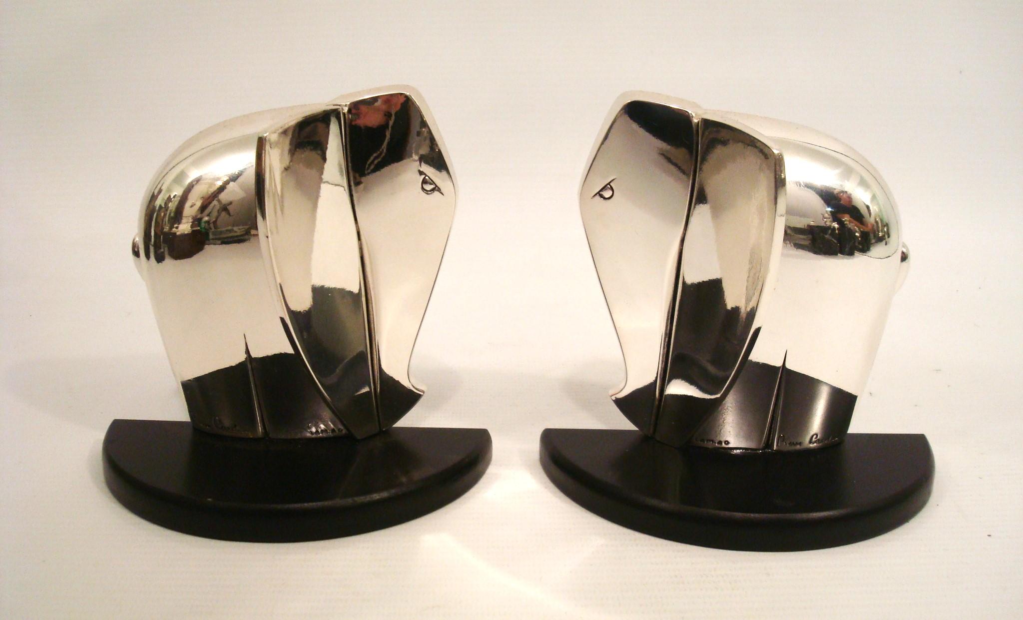 Art Deco / Cubist Pierre Cardin Bookends Silver Elephants Black Base, 1980 For Sale 5
