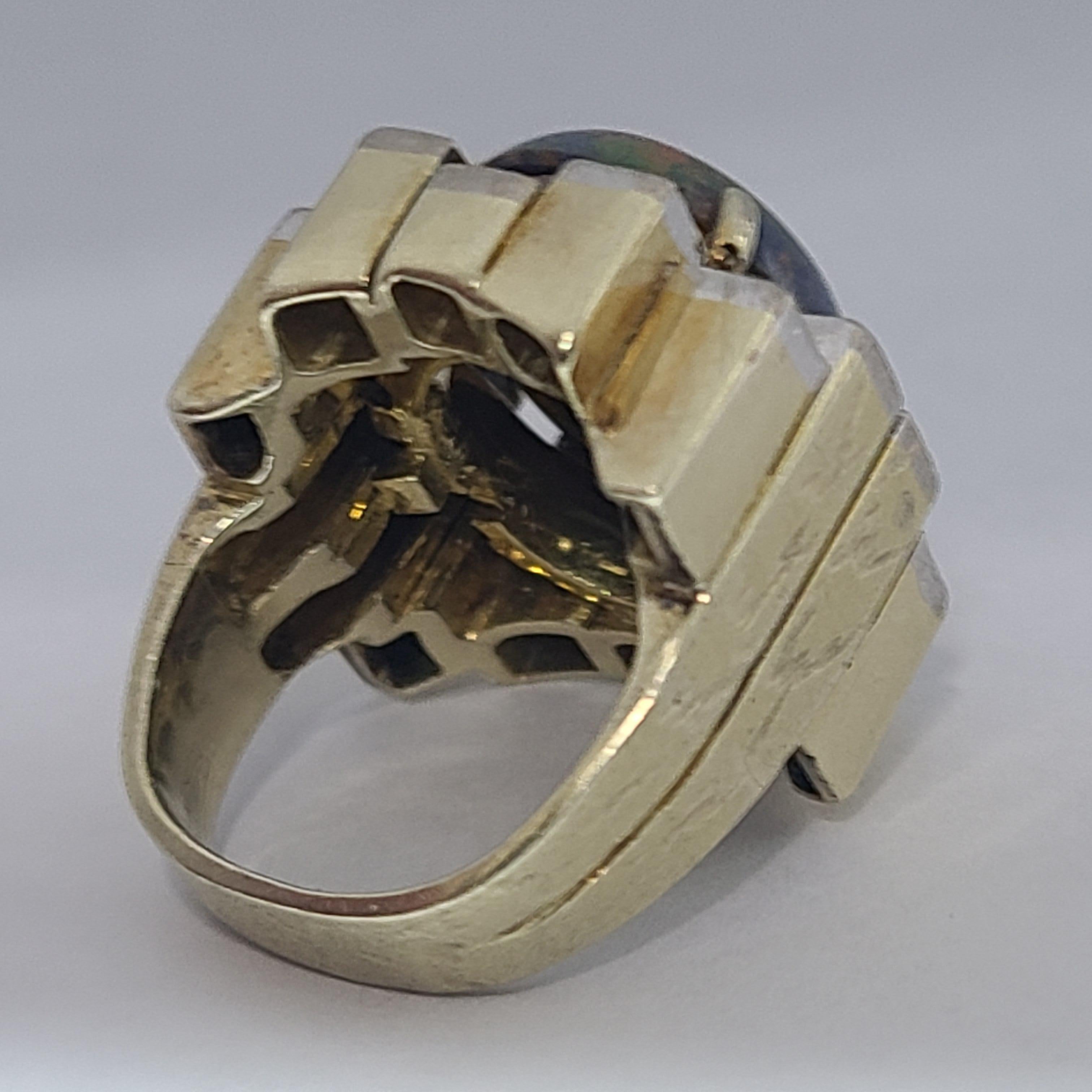 Cabochon Art Deco Cubist Platinum Top 14k Gold Natural Black Opal 1ctw Diamond Ring
