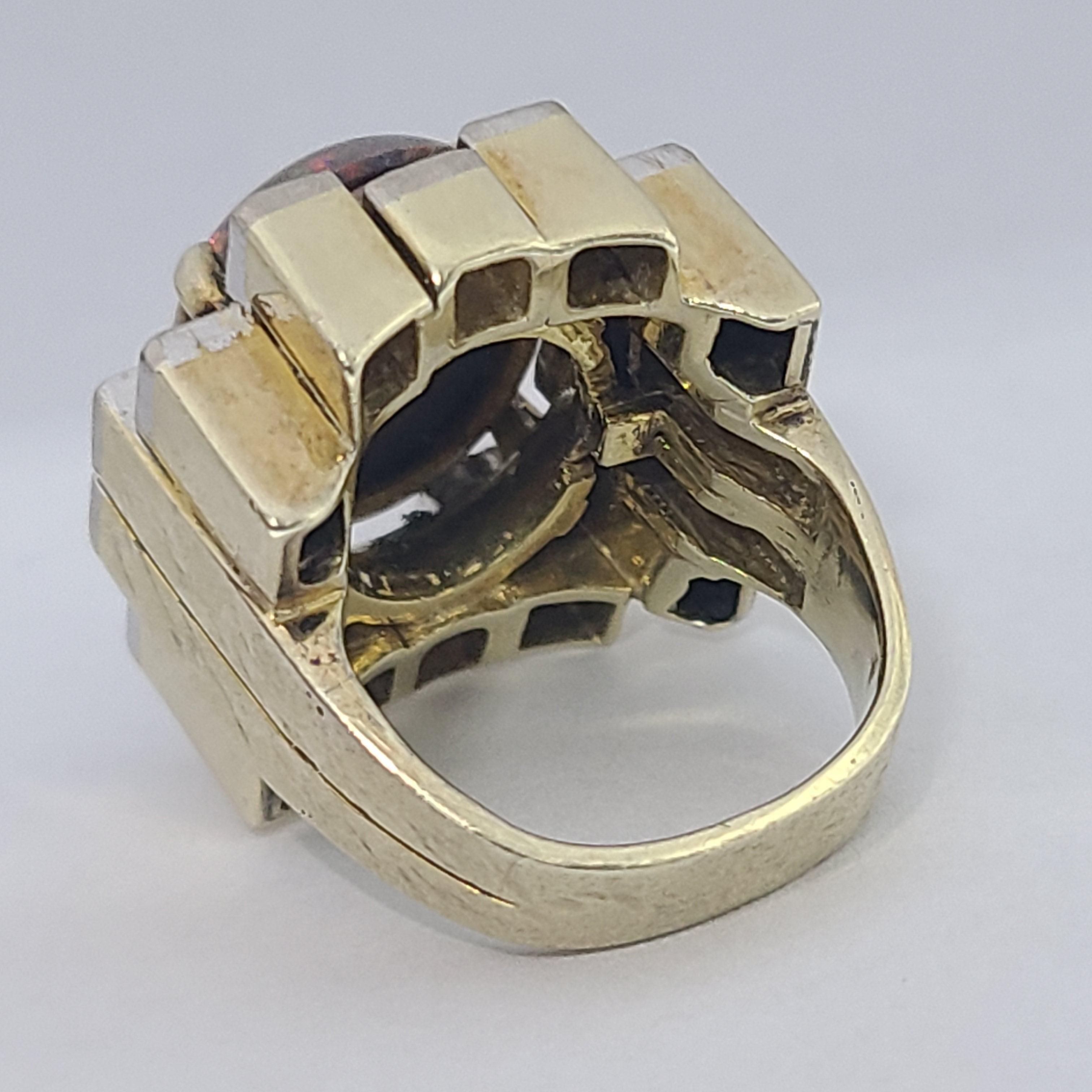 Art Deco Cubist Platinum Top 14k Gold Natural Black Opal 1ctw Diamond Ring In Good Condition In St. Petersburg, FL