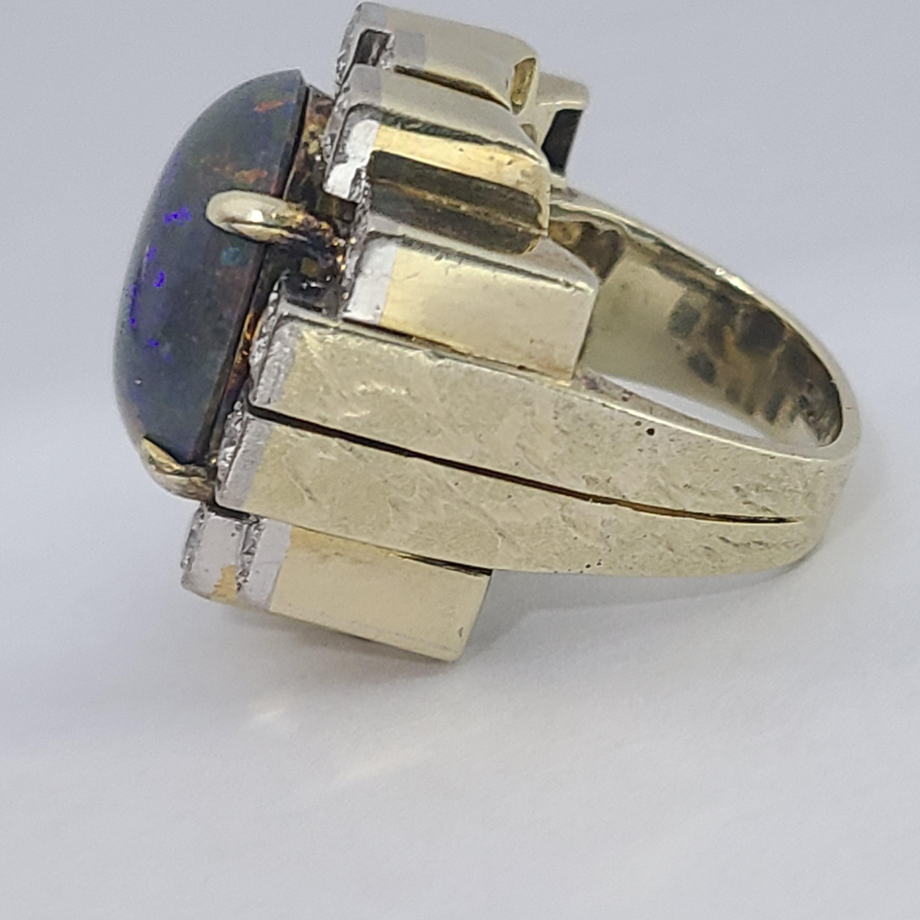 Women's or Men's Art Deco Cubist Platinum Top 14k Gold Natural Black Opal 1ctw Diamond Ring